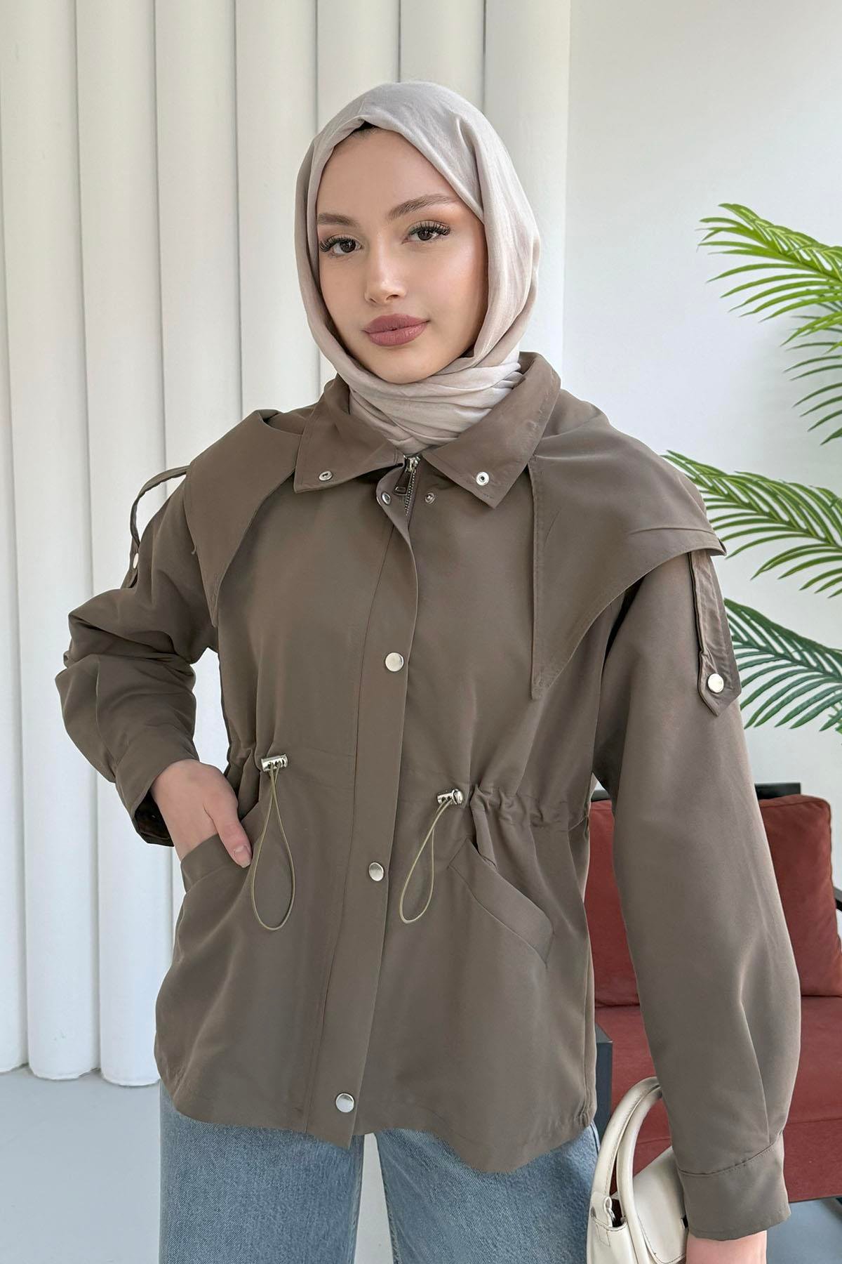 Kapüşonlu Flato Cepli Bel Büzgülü Astarlı Trençkot-HAKİ YEŞİL