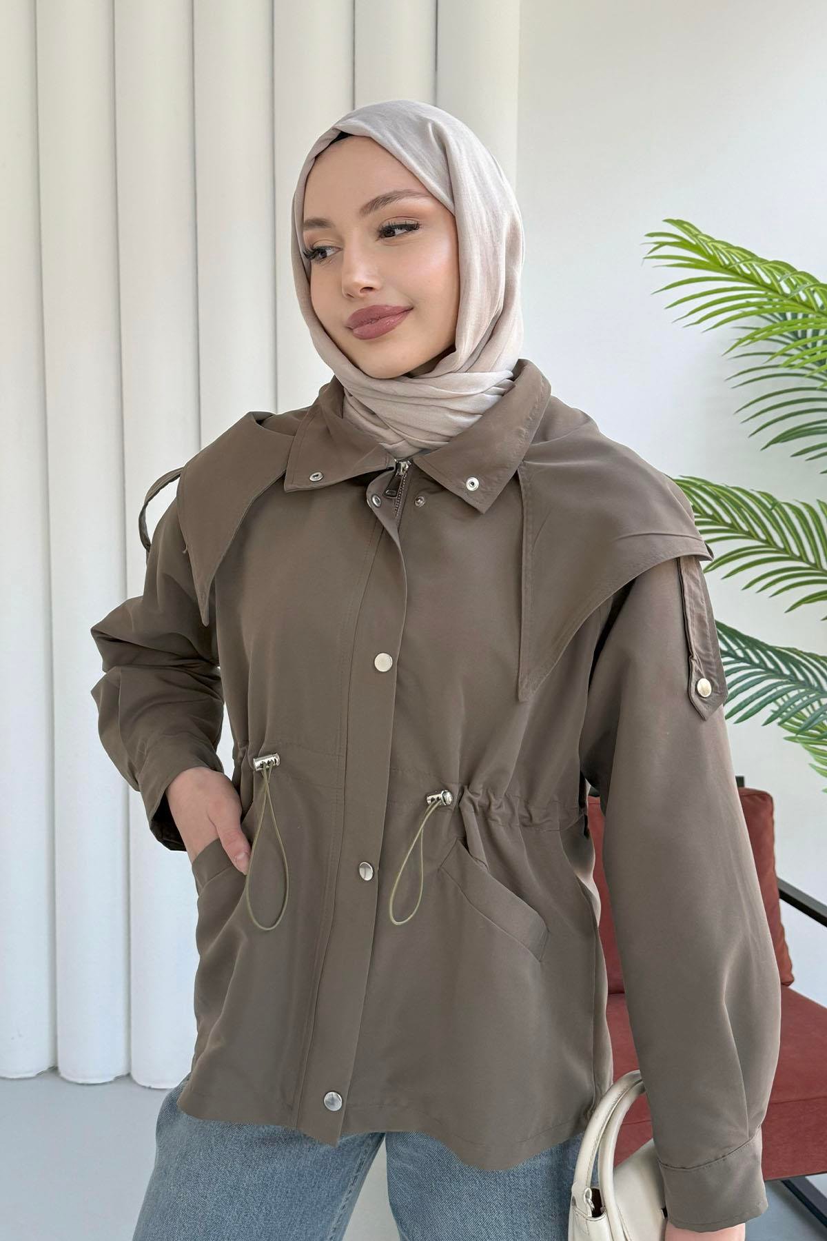 Kapüşonlu Flato Cepli Bel Büzgülü Astarlı Trençkot-HAKİ YEŞİL