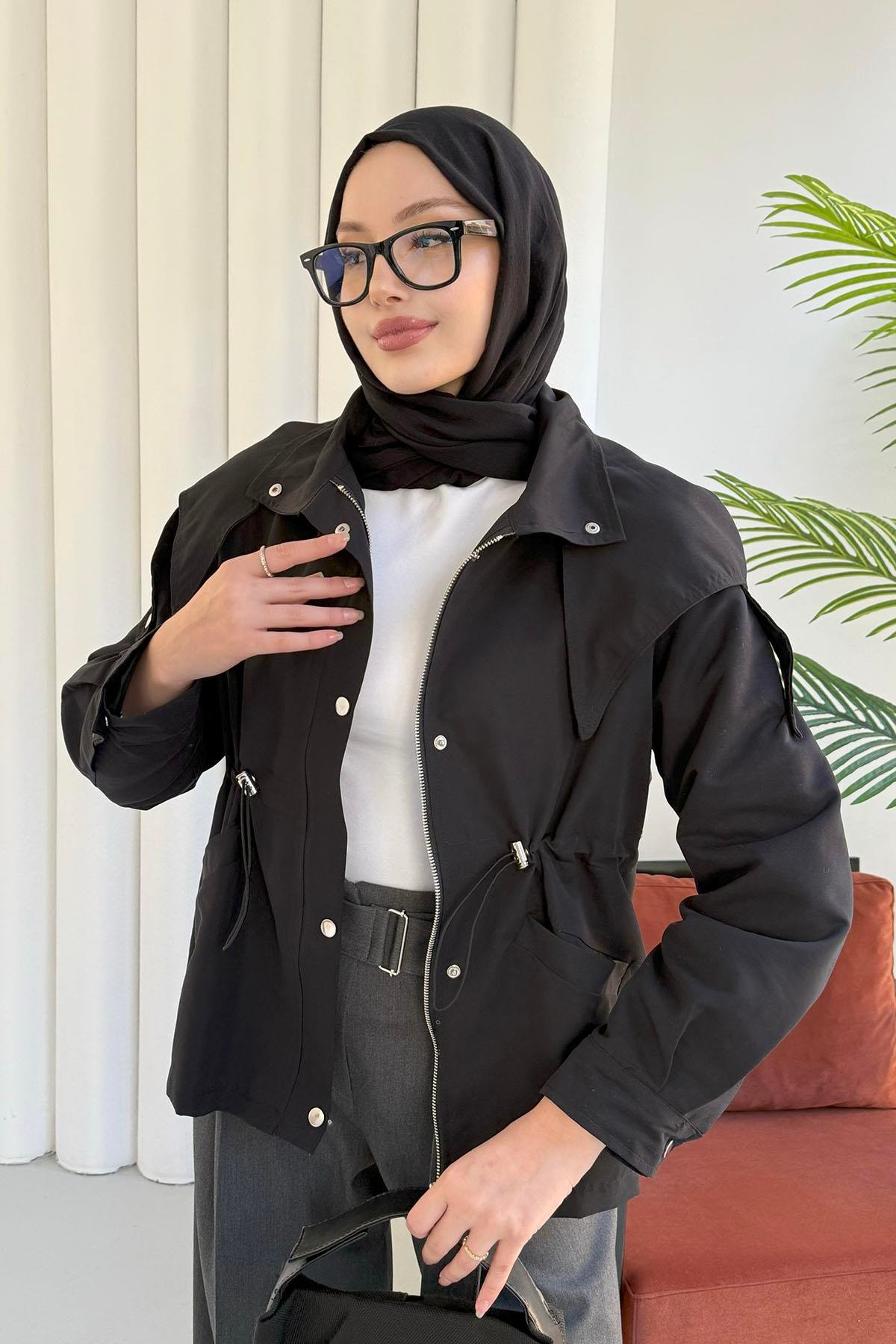 Kapüşonlu Flato Cepli Bel Büzgülü Astarlı Trençkot-SİYAH