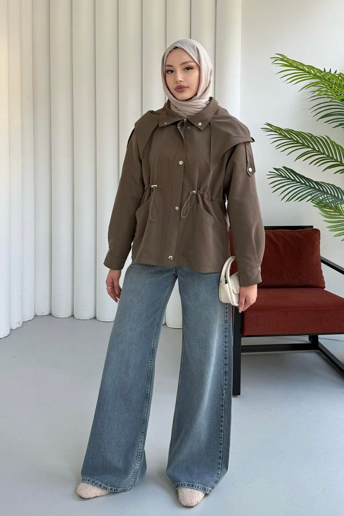 Kapüşonlu Flato Cepli Bel Büzgülü Astarlı Trençkot-HAKİ YEŞİL