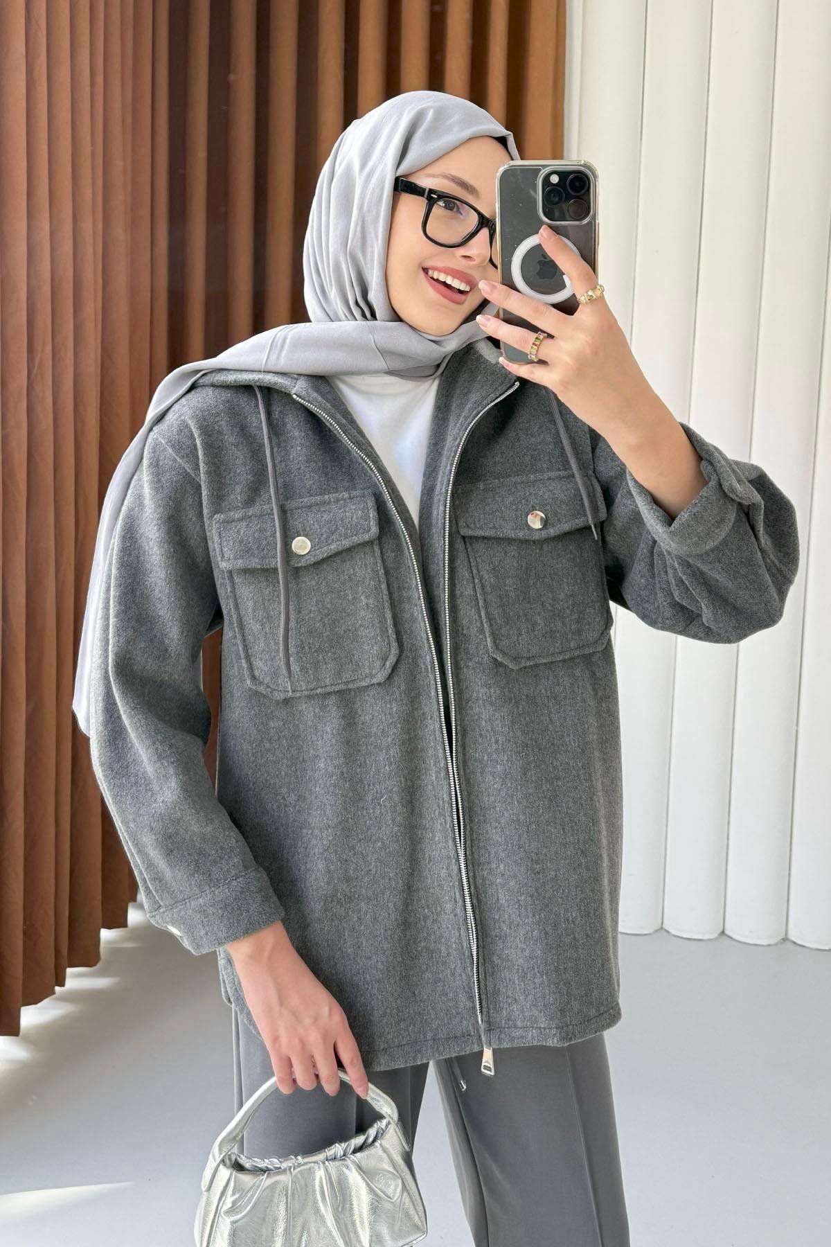 Kapüşonlu Kaşe Sweatshirt-FÜME