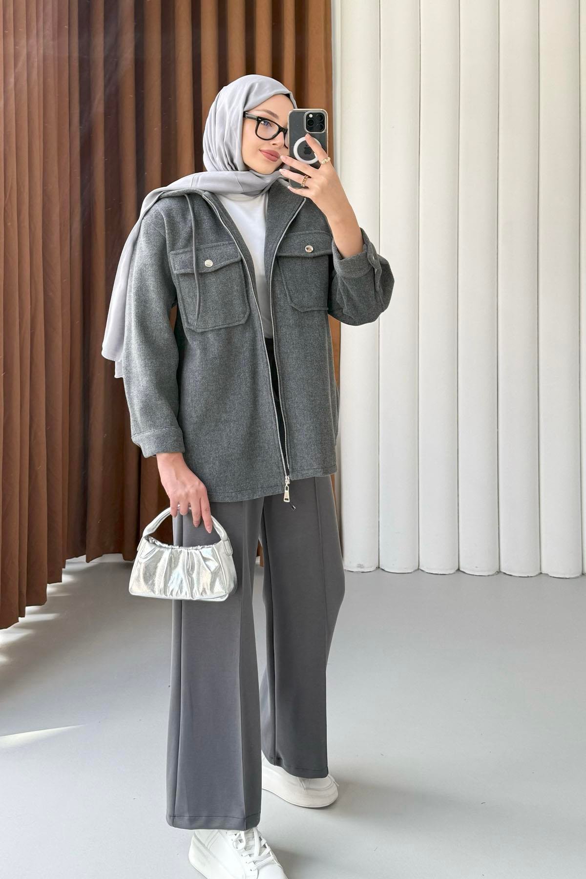 Kapüşonlu Kaşe Sweatshirt-FÜME
