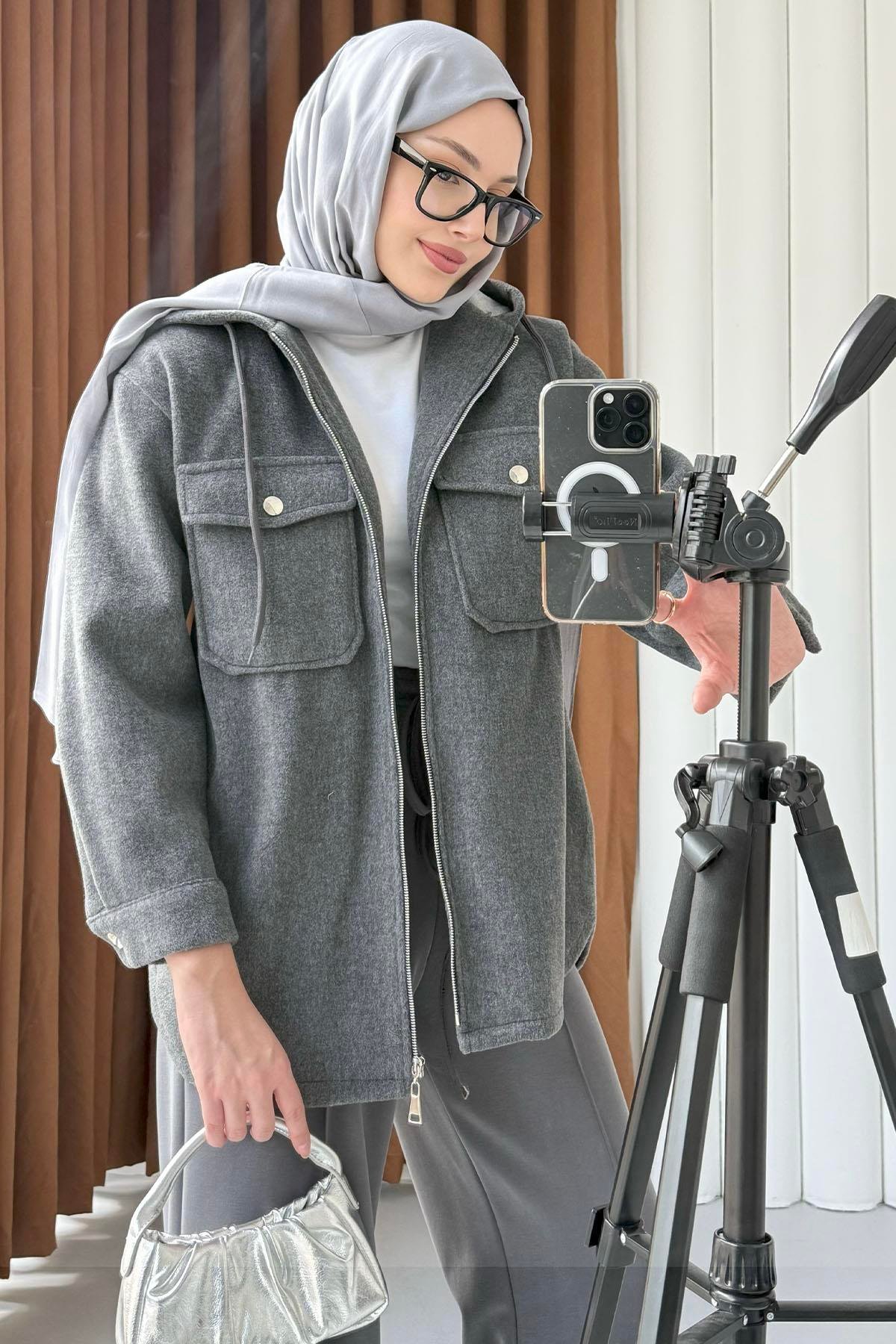 Kapüşonlu Kaşe Sweatshirt-FÜME
