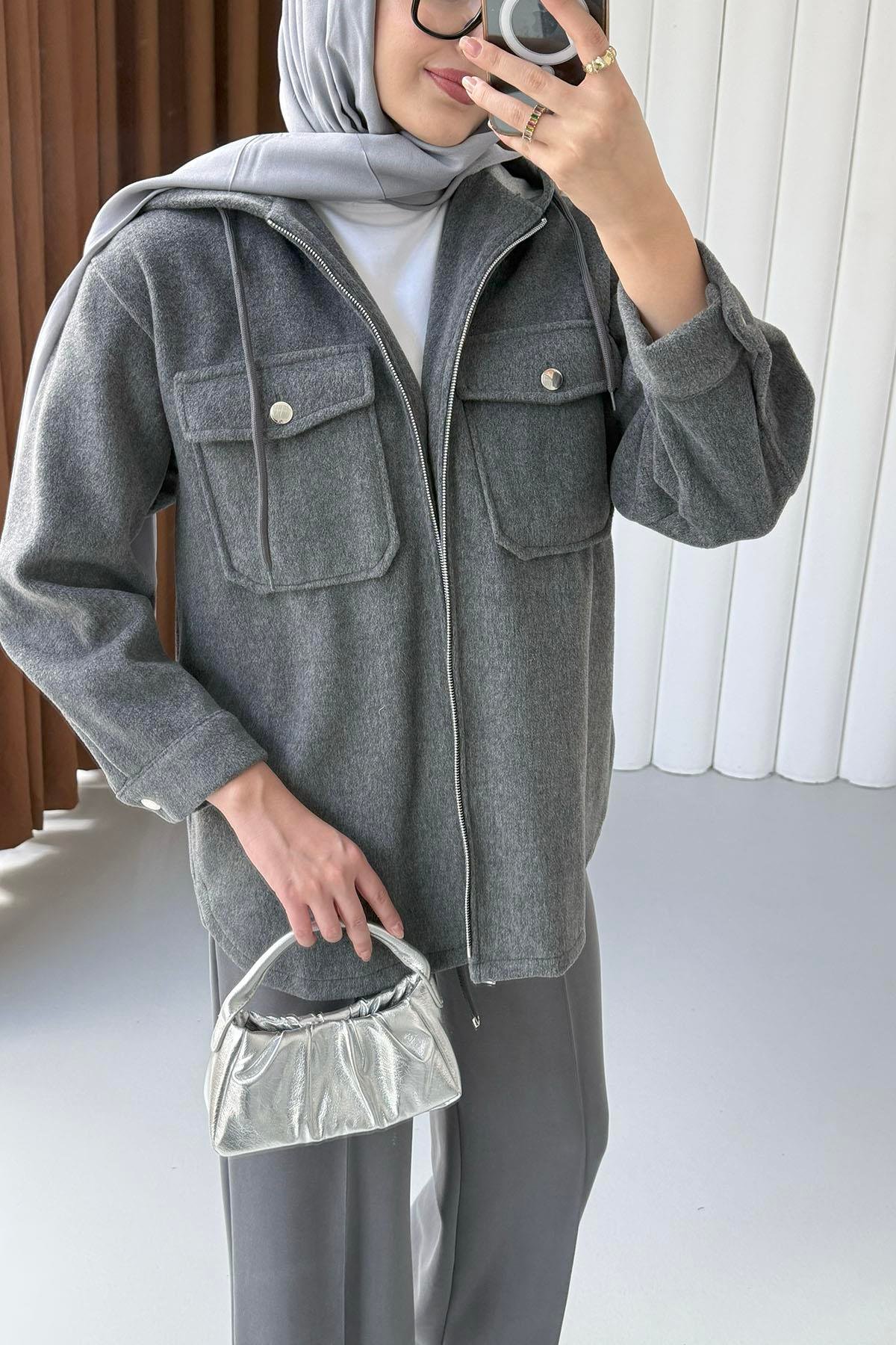 Kapüşonlu Kaşe Sweatshirt-FÜME