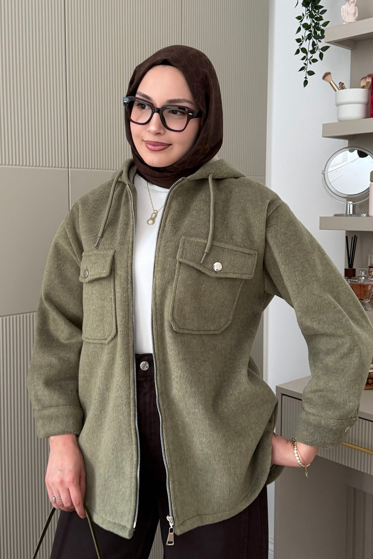 Kapüşonlu Kaşe Sweatshirt-HAKİ YEŞİL