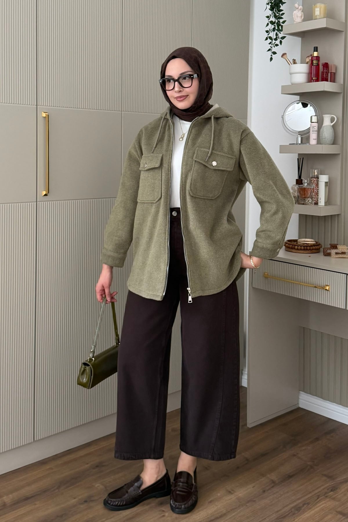 Kapüşonlu Kaşe Sweatshirt-HAKİ YEŞİL