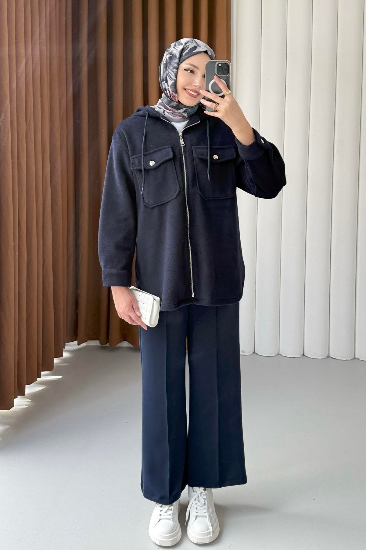 Kapüşonlu Kaşe Sweatshirt-LACİVERT