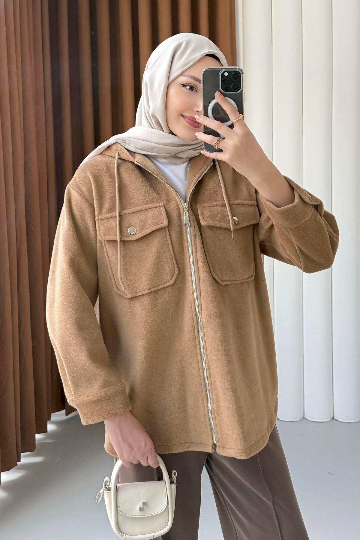 Kapüşonlu Kaşe Sweatshirt-TOPRAK