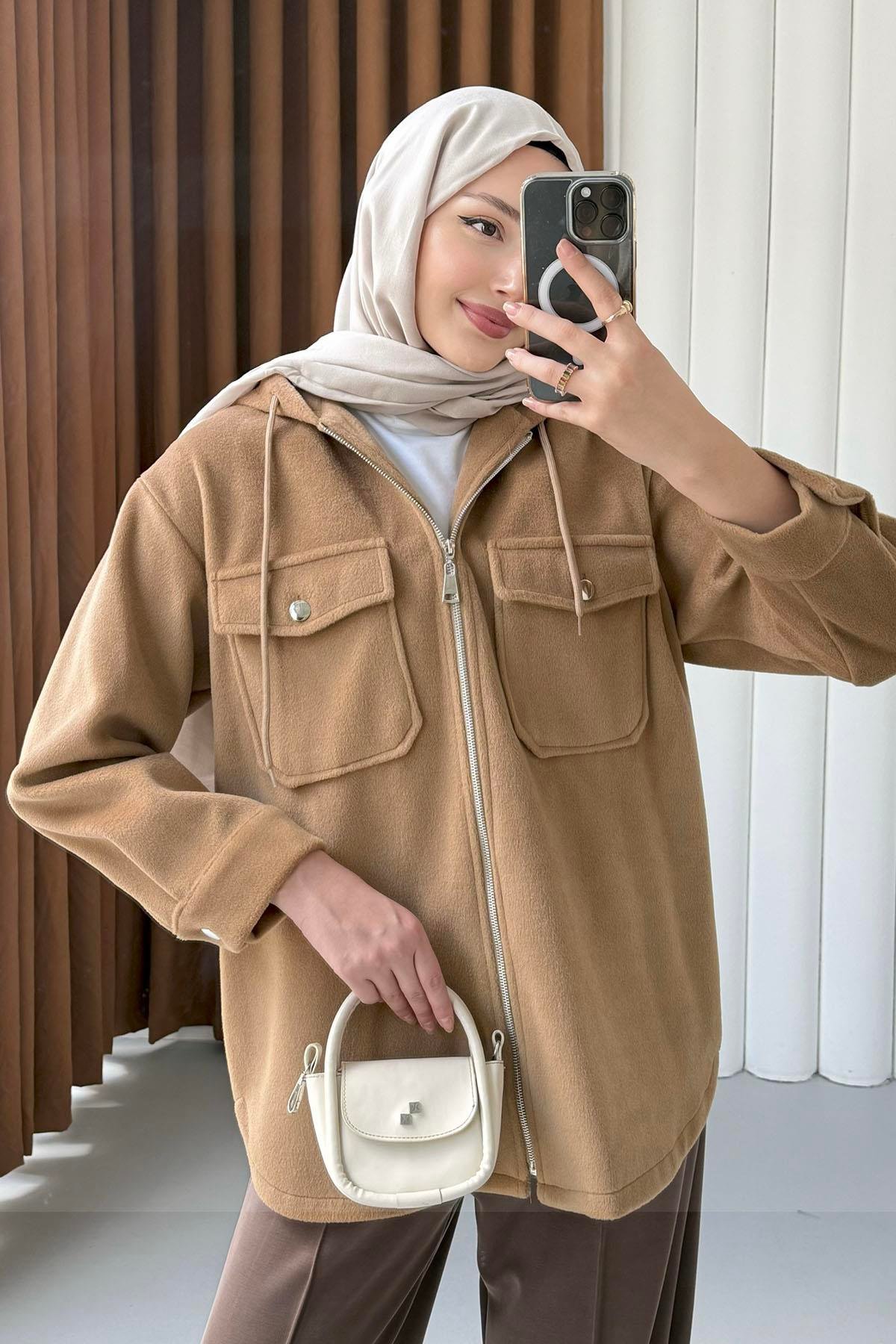 Kapüşonlu Kaşe Sweatshirt-TOPRAK