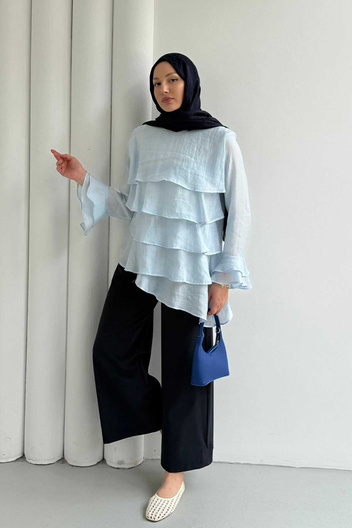 Katlı Volan Detaylı Bluz-BEBE MAVİ