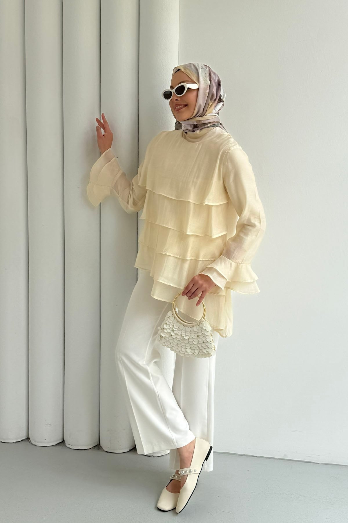 Katlı Volan Detaylı Bluz-SARI