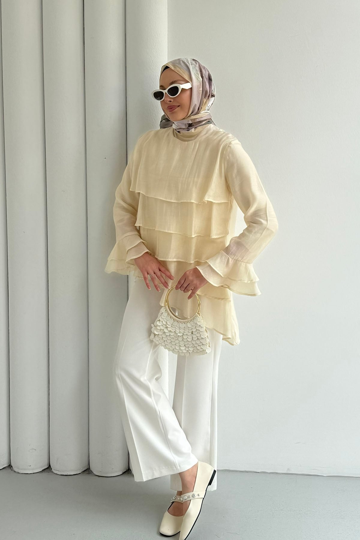 Katlı Volan Detaylı Bluz-SARI