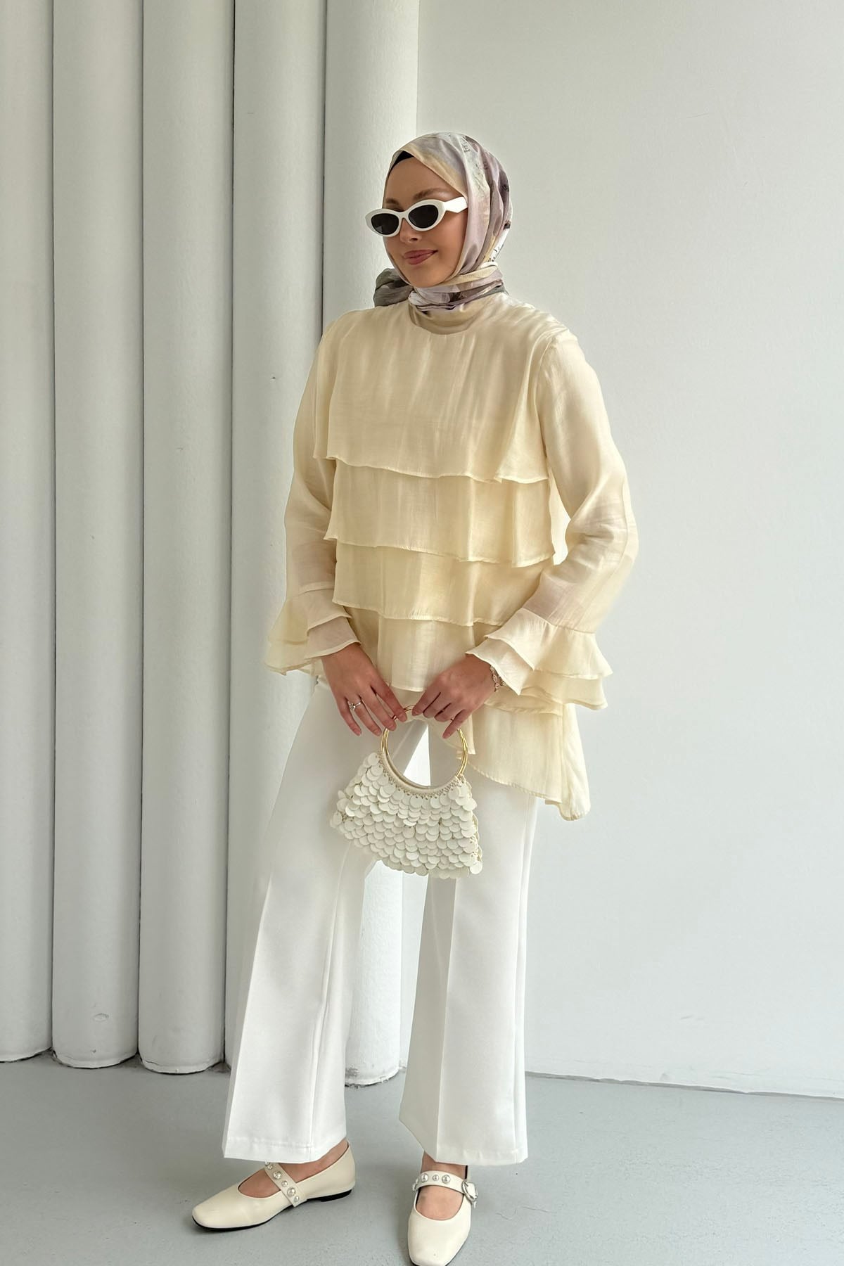 Katlı Volan Detaylı Bluz-SARI