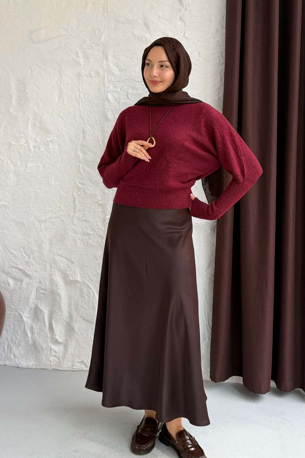 Kayık Yaka Pullu Triko Kazak-BORDO