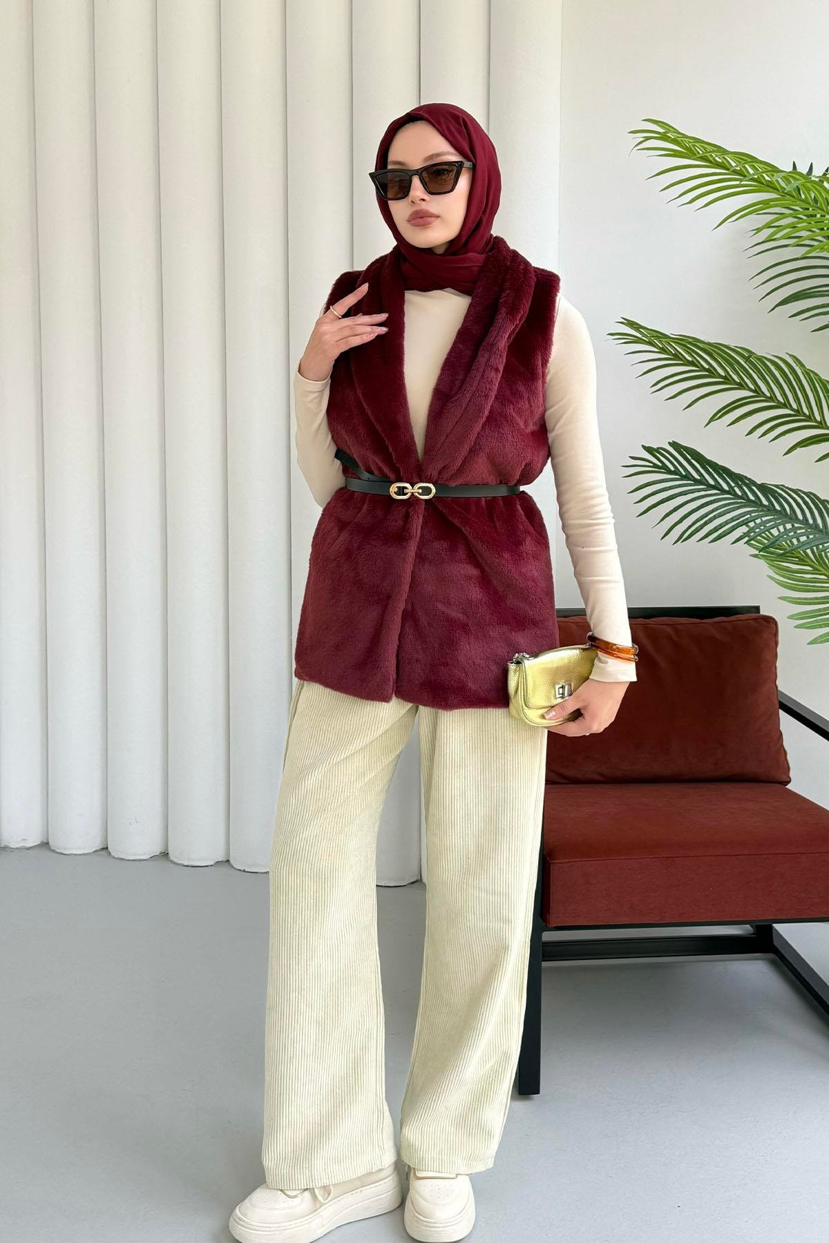 Kemer Detaylı Kürk Yelek-BORDO