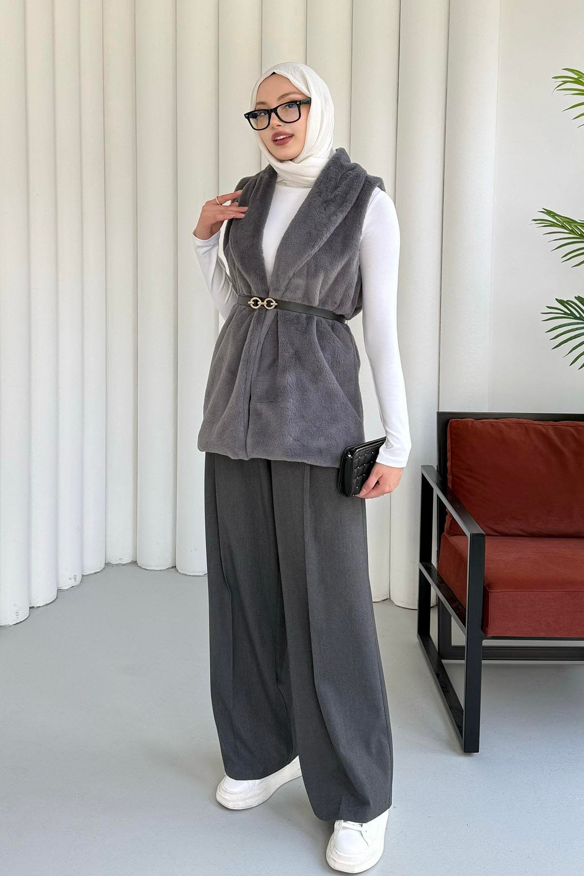 Kemer Detaylı Kürk Yelek-GRİ