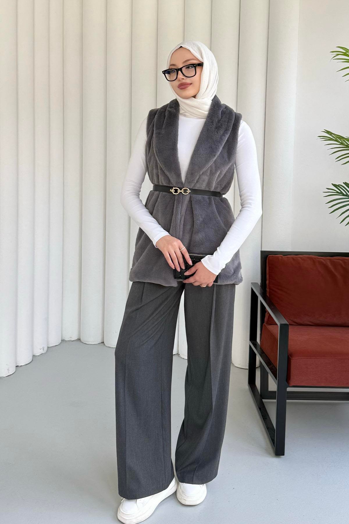 Kemer Detaylı Kürk Yelek-GRİ