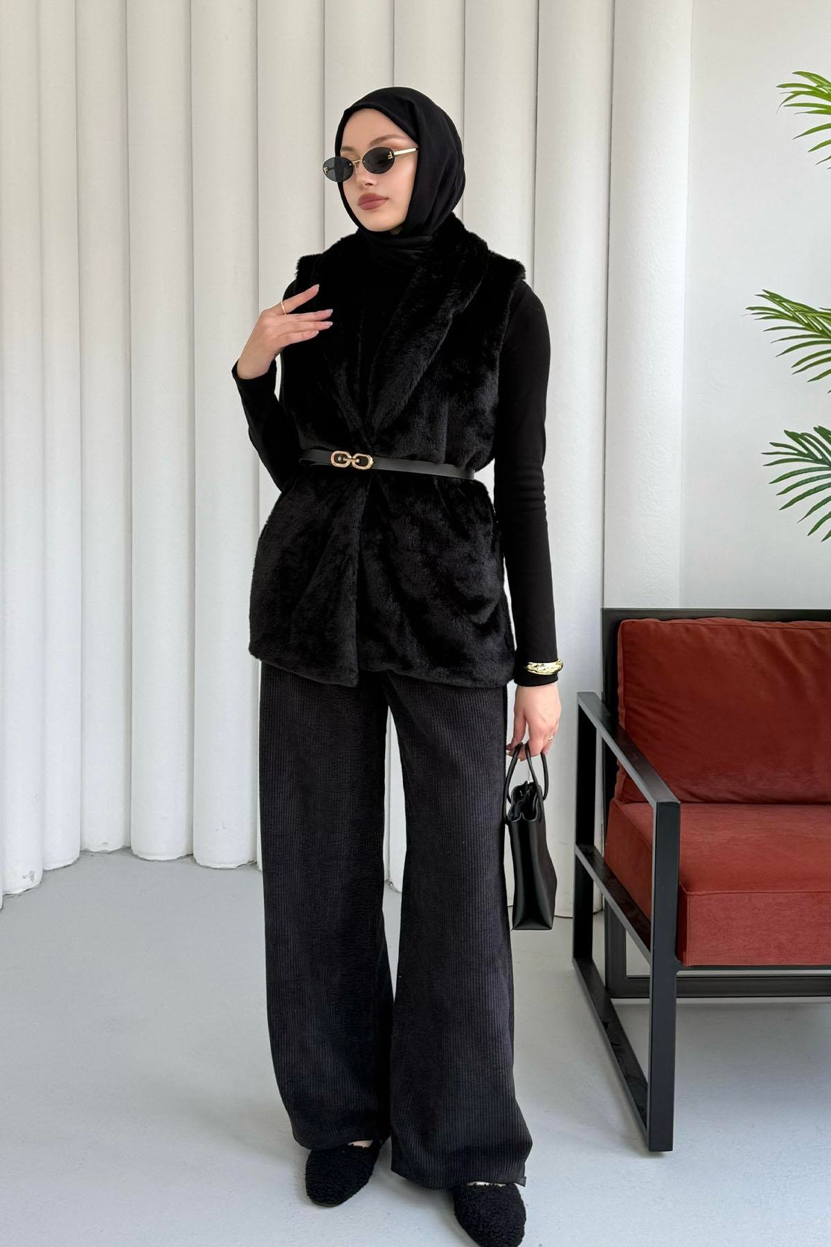 Kemer Detaylı Kürk Yelek-SİYAH