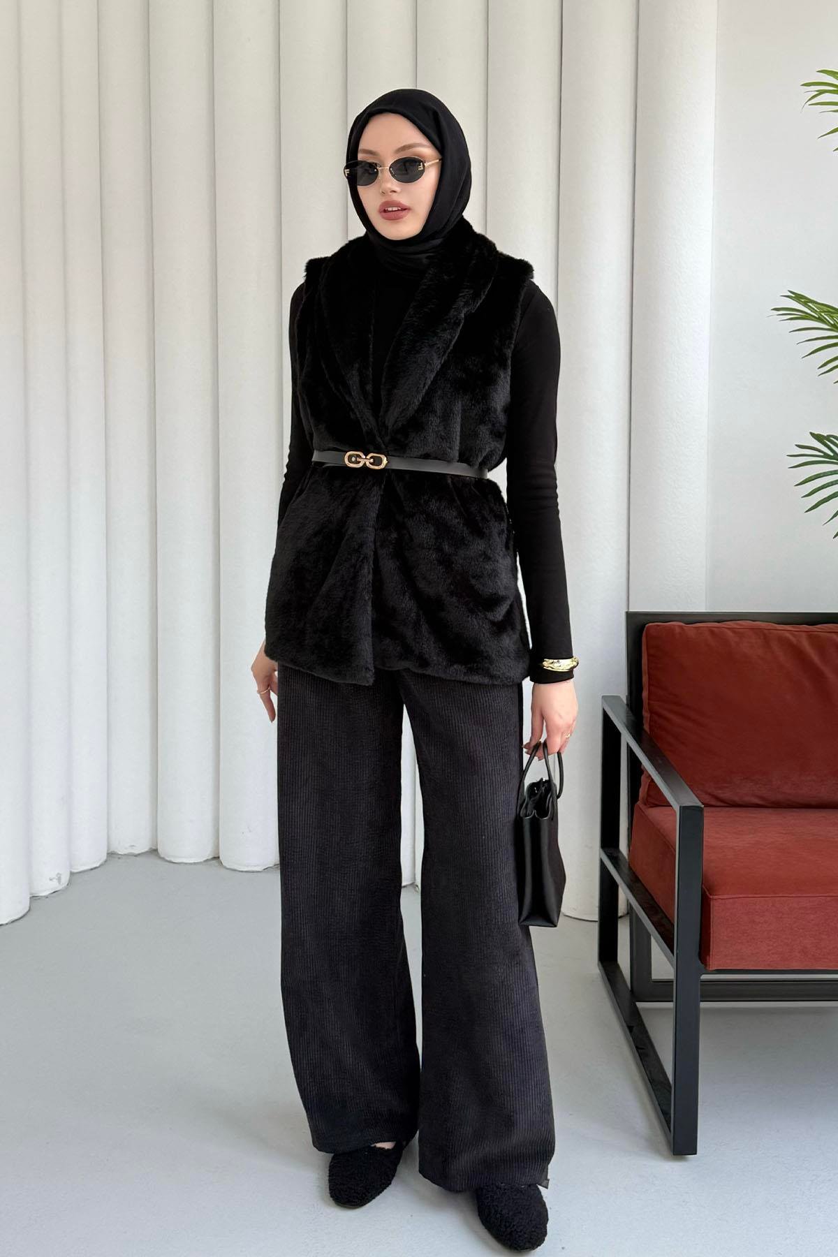 Kemer Detaylı Kürk Yelek-SİYAH