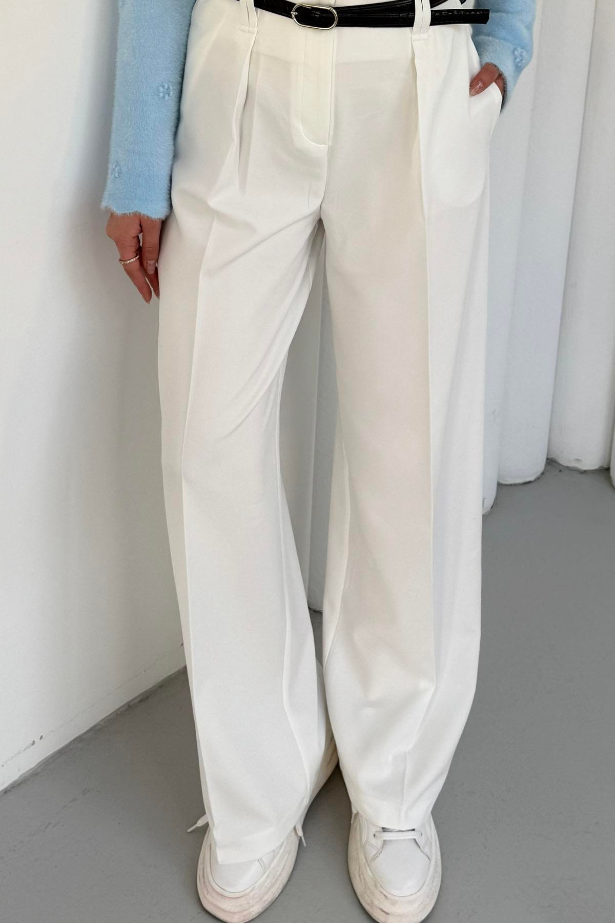 Kemer Detaylı Yüksek Bel Geniş Pantolon-BEYAZ