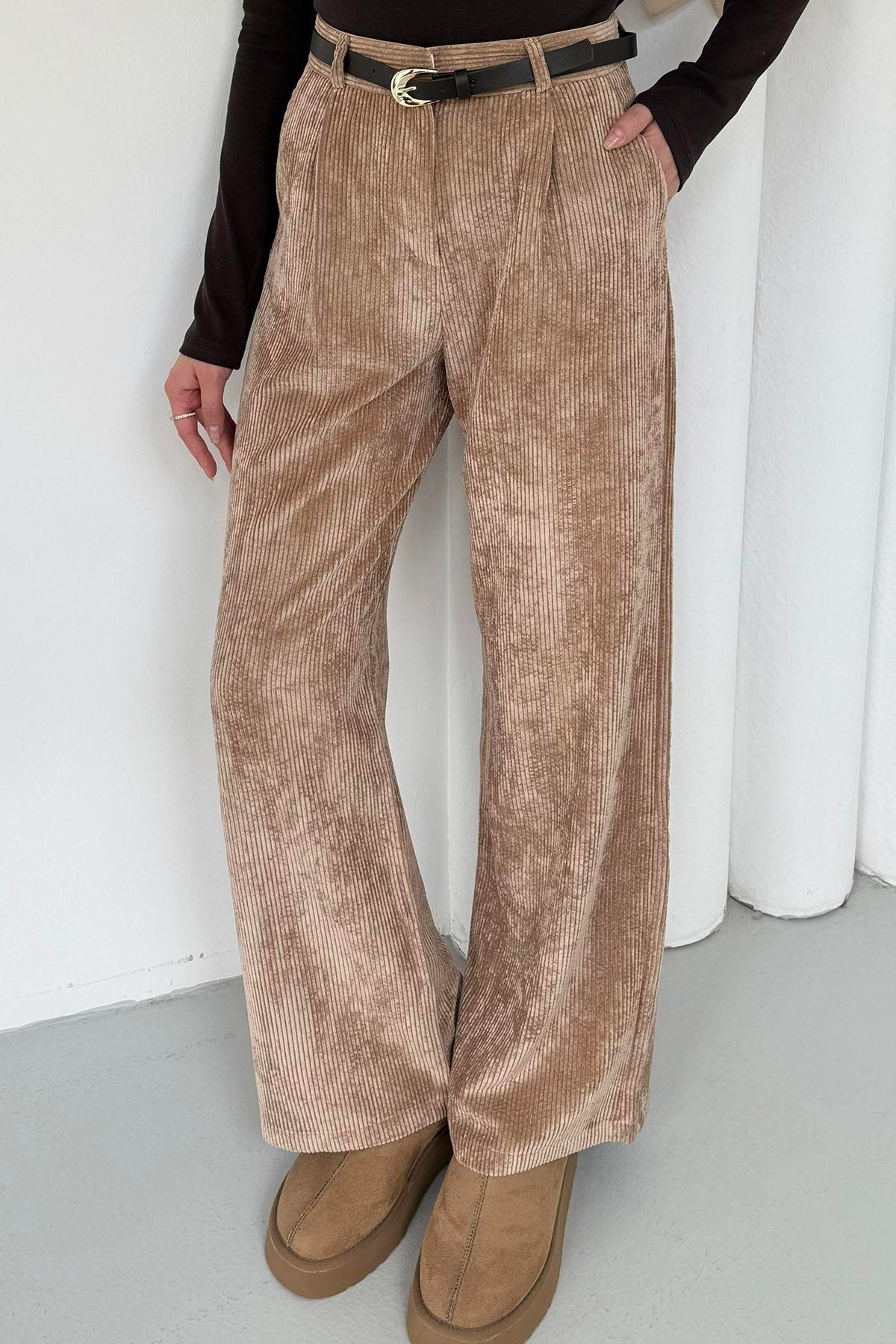 Kemerli Fitilli Kadife Bol Paça Pantolon-CAMEL