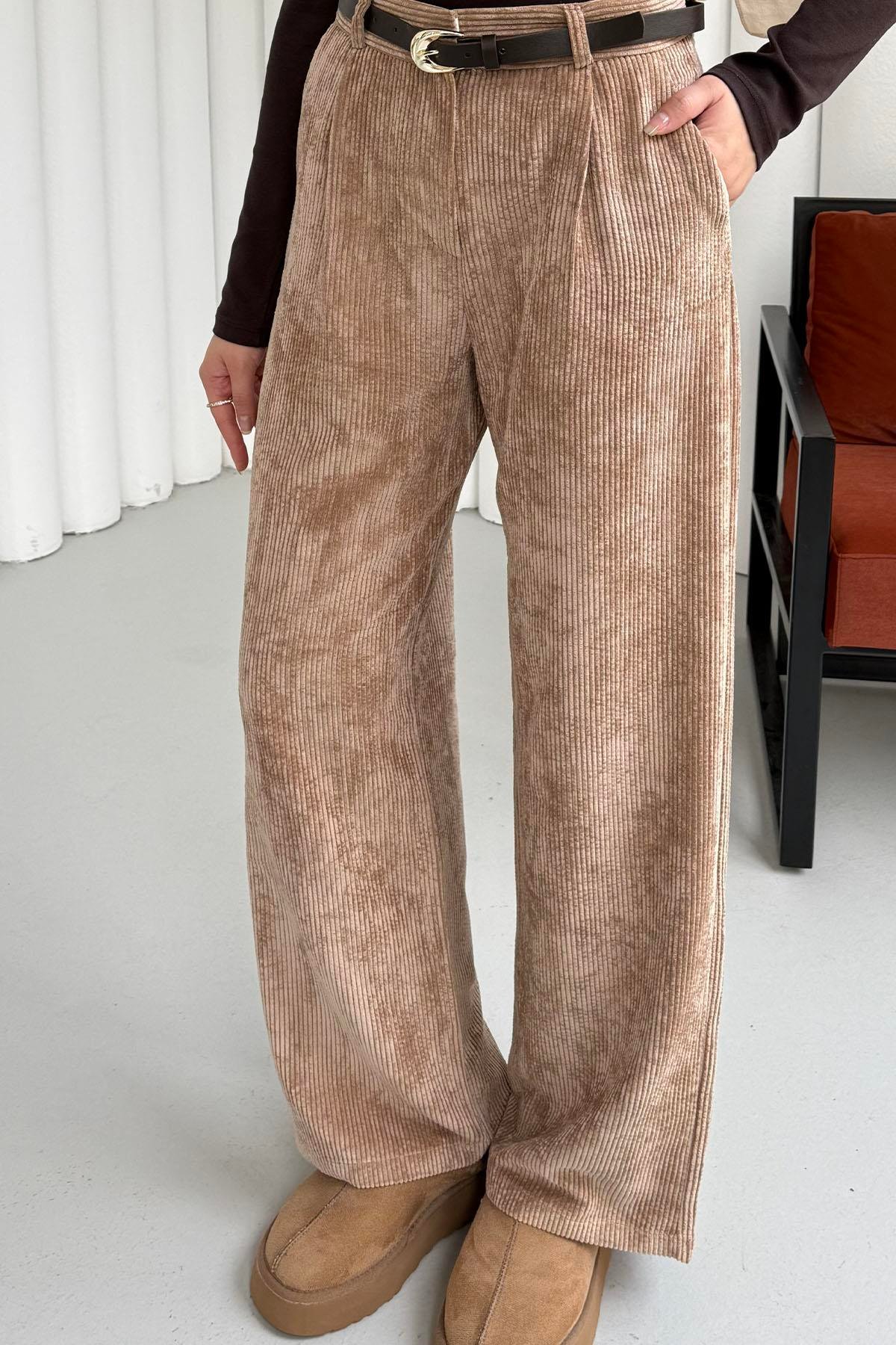 Kemerli Fitilli Kadife Bol Paça Pantolon-CAMEL