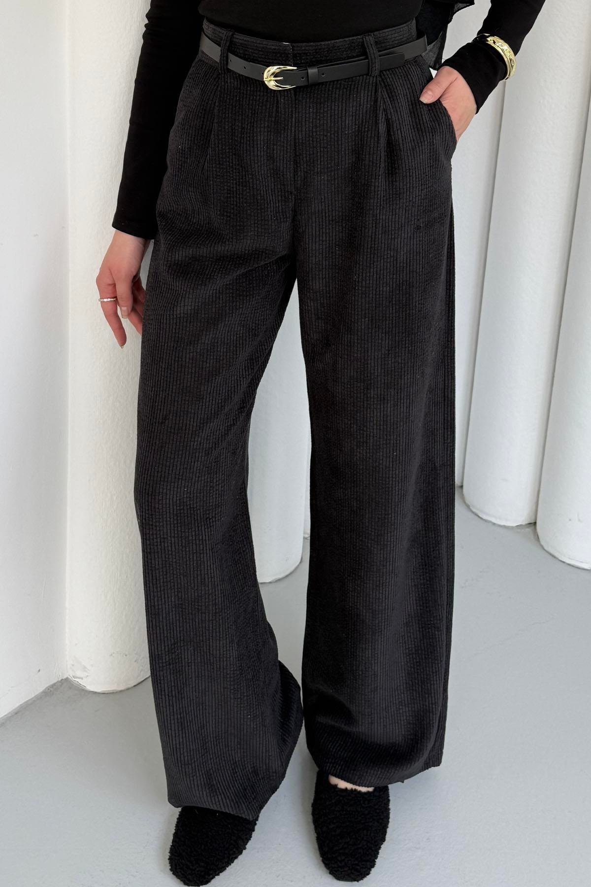 Kemerli Fitilli Kadife Bol Paça Pantolon-SİYAH