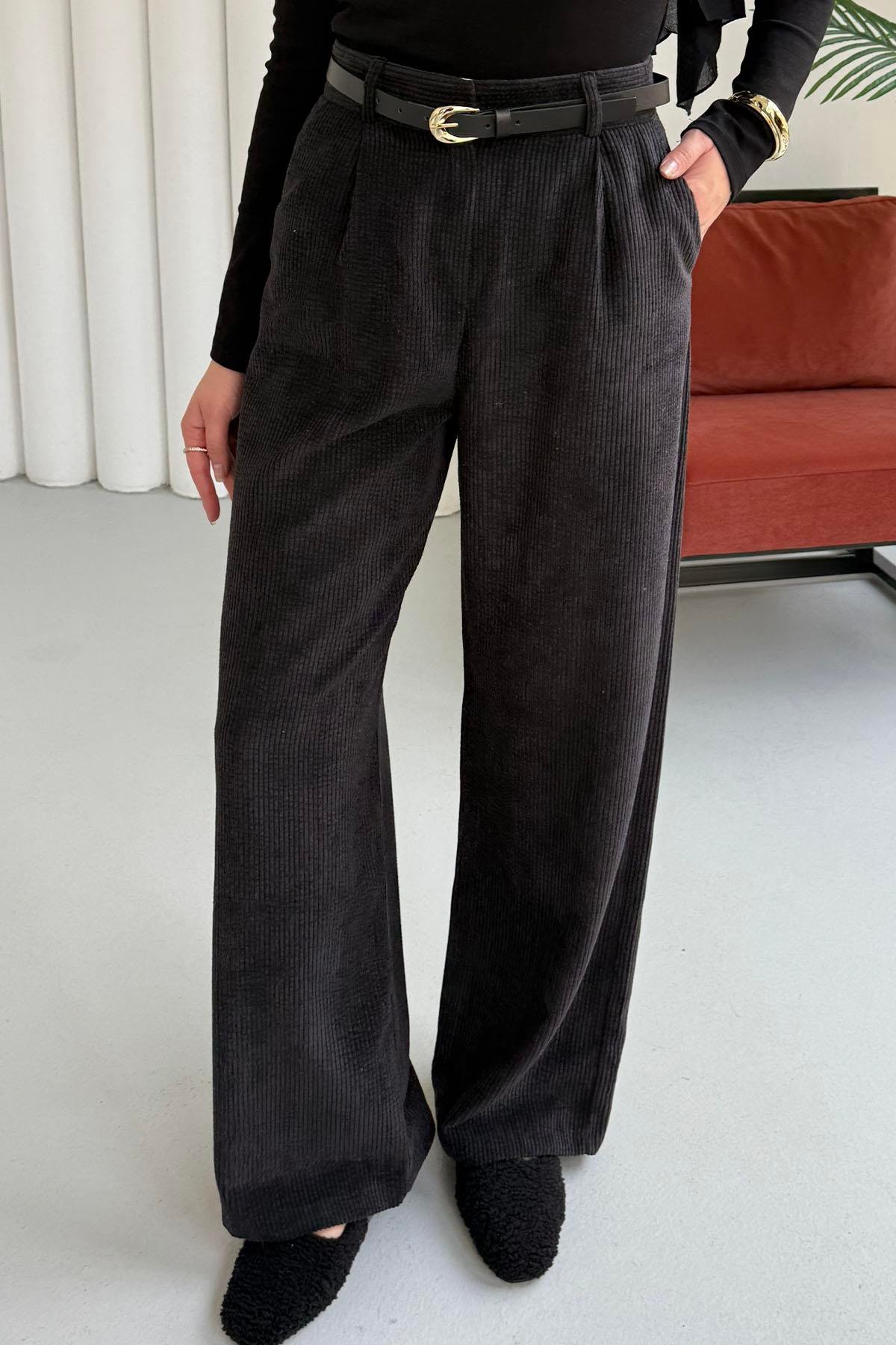 Kemerli Fitilli Kadife Bol Paça Pantolon-SİYAH
