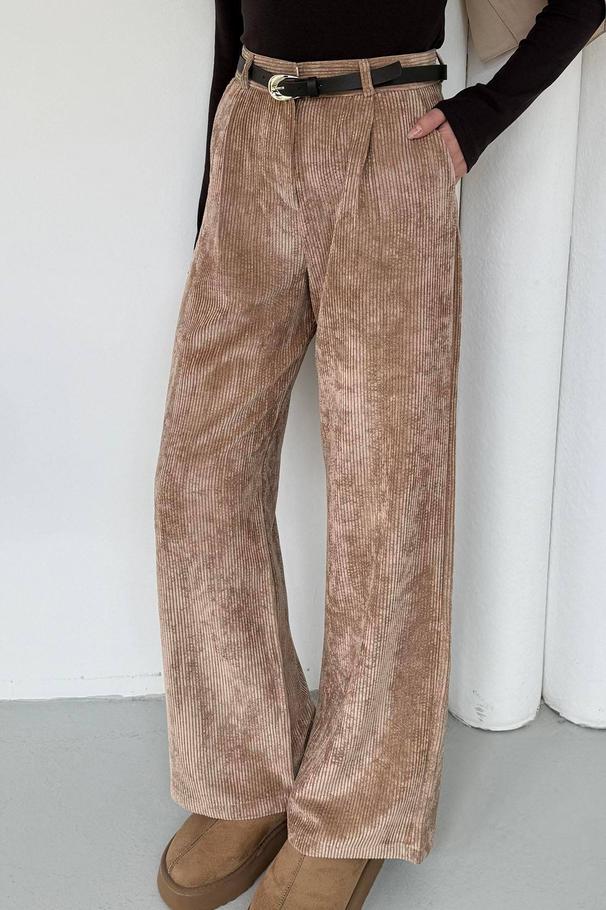 Kemerli Fitilli Kadife Bol Paça Pantolon-CAMEL