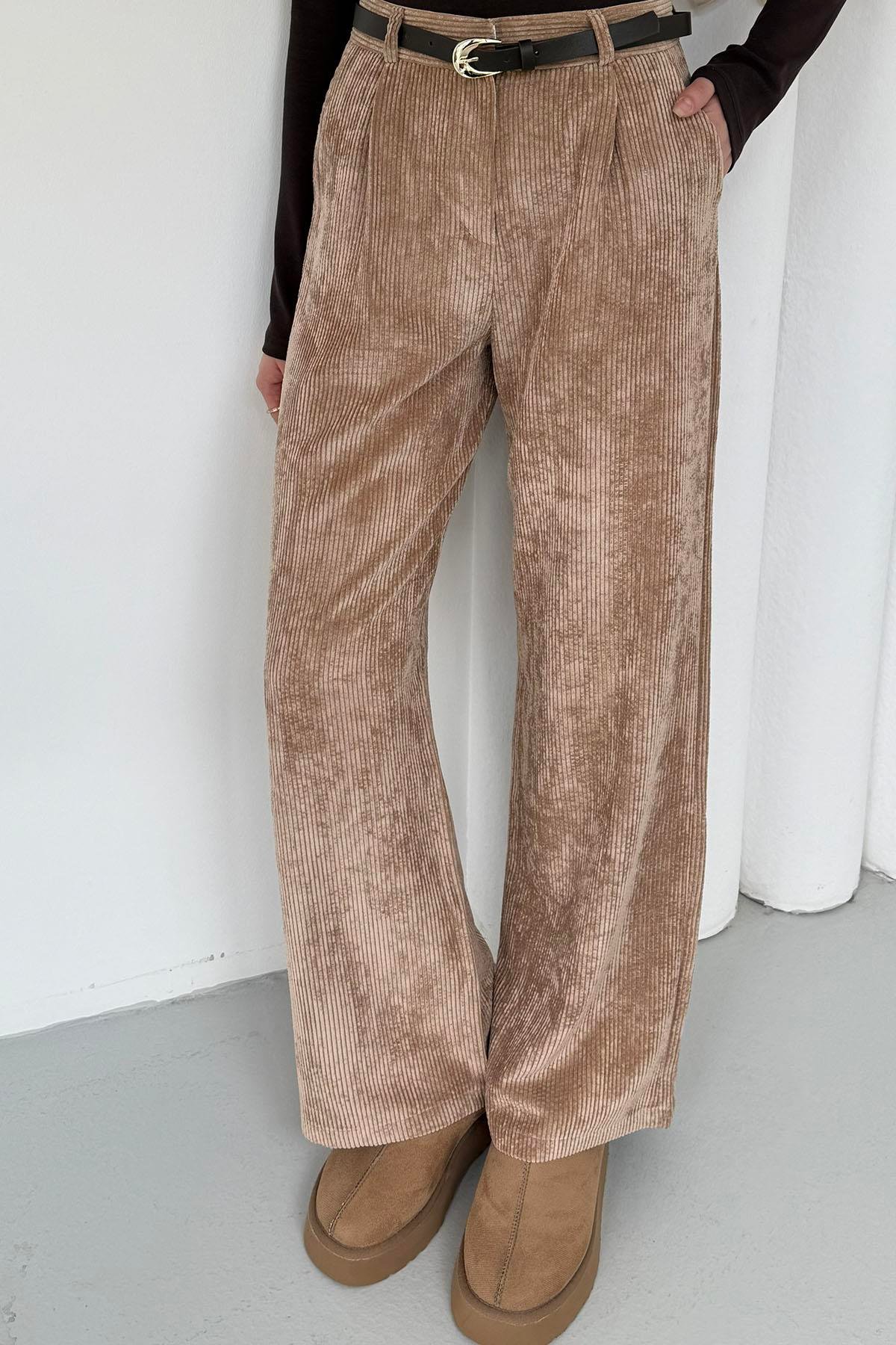 Kemerli Fitilli Kadife Bol Paça Pantolon-CAMEL