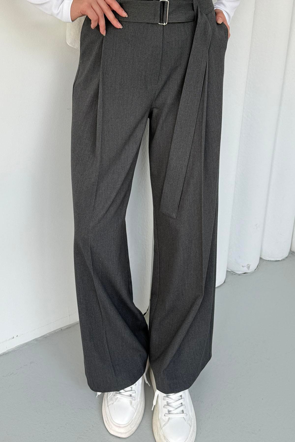 Kemerli Geniş Kumaş Pantolon-ANTRASİT