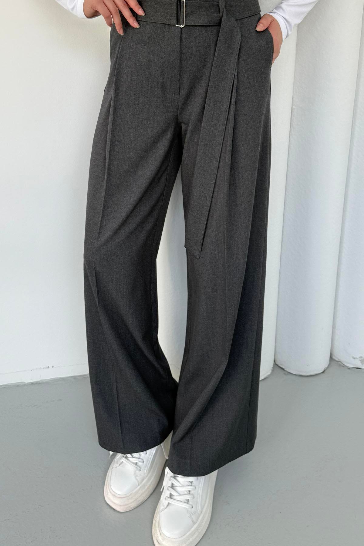 Kemerli Geniş Kumaş Pantolon-ANTRASİT