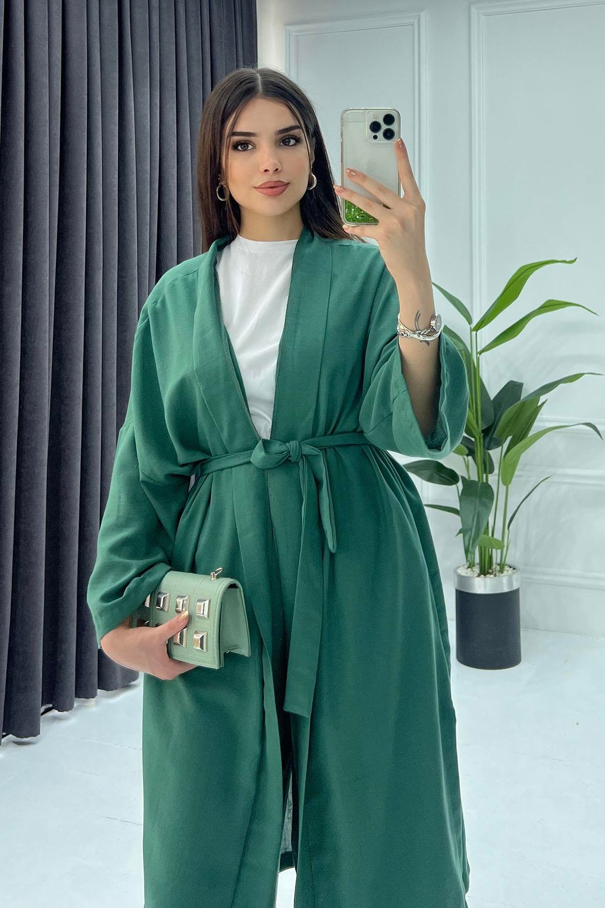 Keten Kimono Tesettür Takım-HAKİ YEŞİL