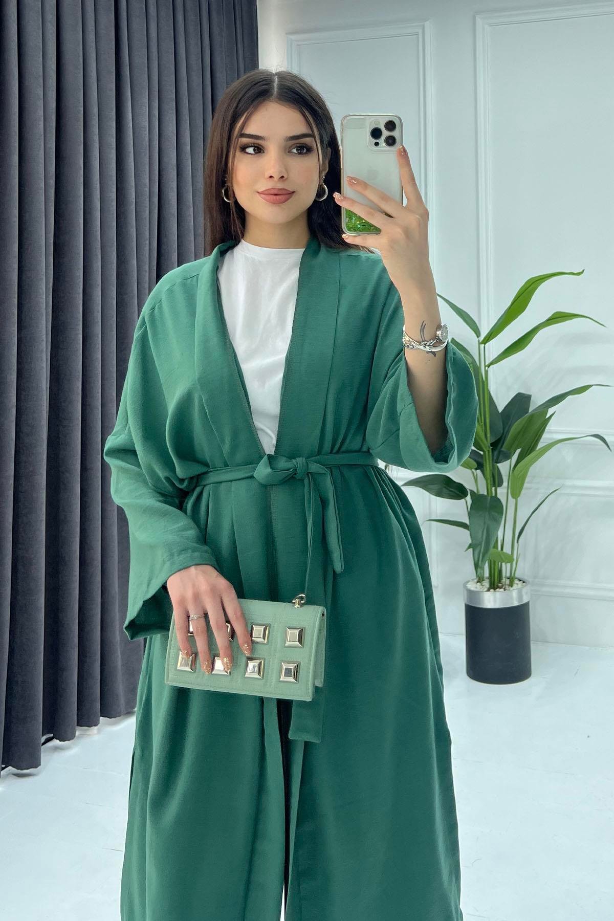 Keten Kimono Tesettür Takım-HAKİ YEŞİL
