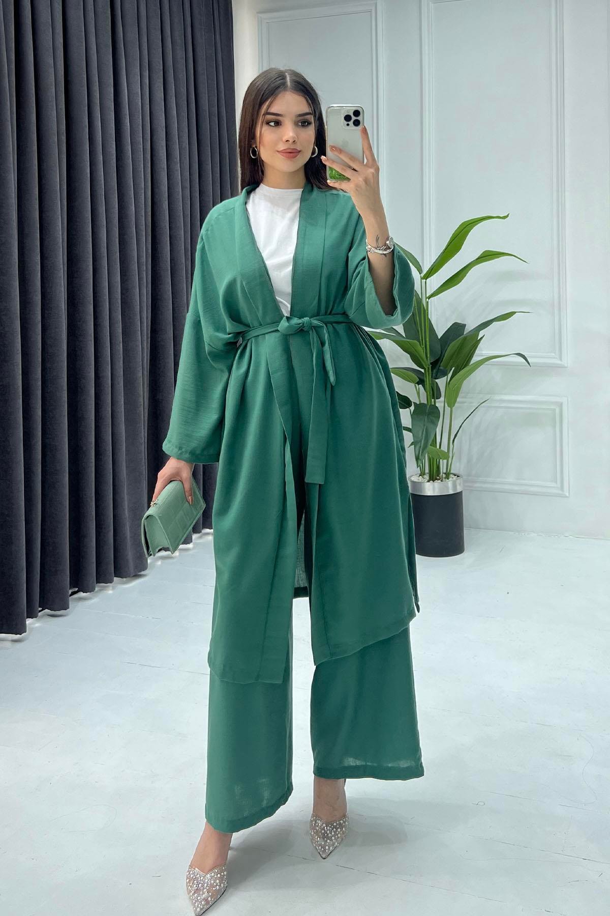 Keten Kimono Tesettür Takım-HAKİ YEŞİL