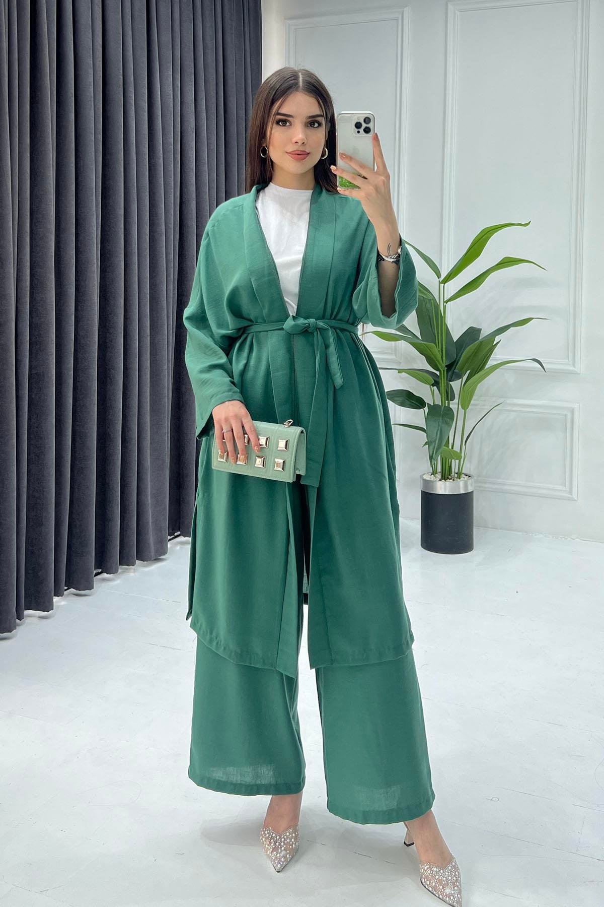 Keten Kimono Tesettür Takım-HAKİ YEŞİL