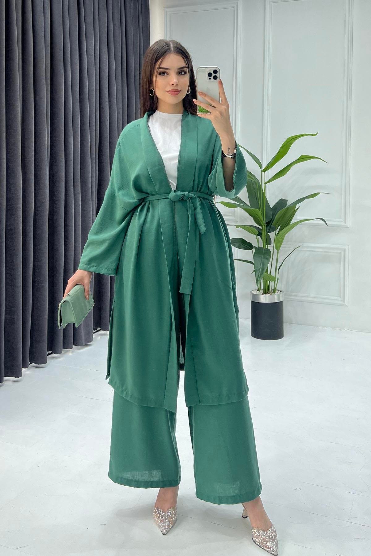 Keten Kimono Tesettür Takım-HAKİ YEŞİL