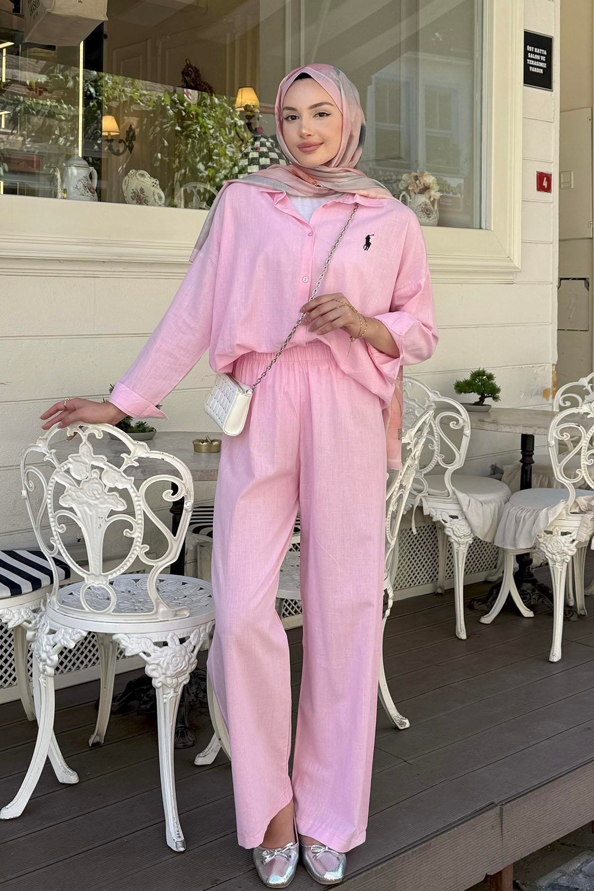 Keten Kumaş Pantolonlu Tesettür Takım-PEMBE