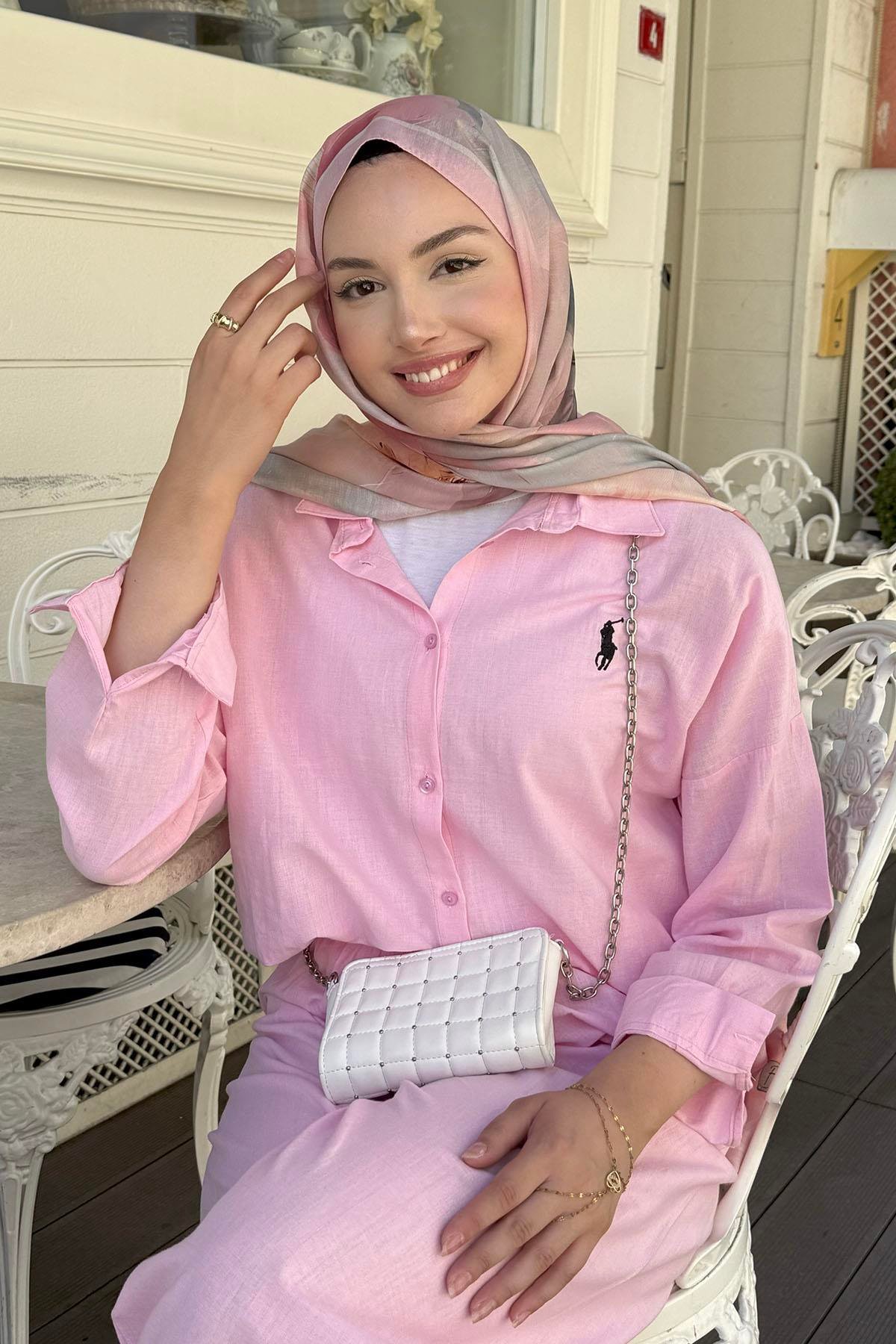 Keten Kumaş Pantolonlu Tesettür Takım-PEMBE