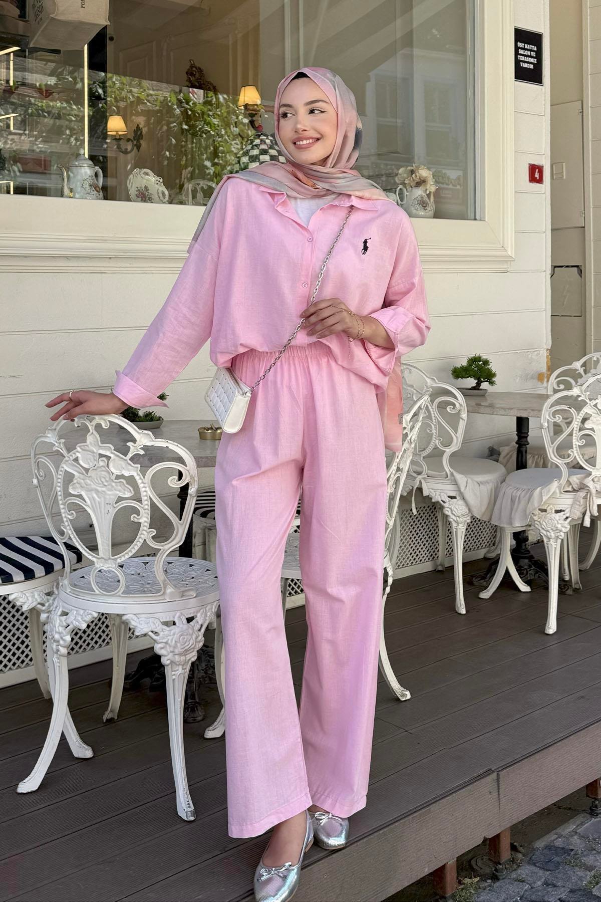 Keten Kumaş Pantolonlu Tesettür Takım-PEMBE