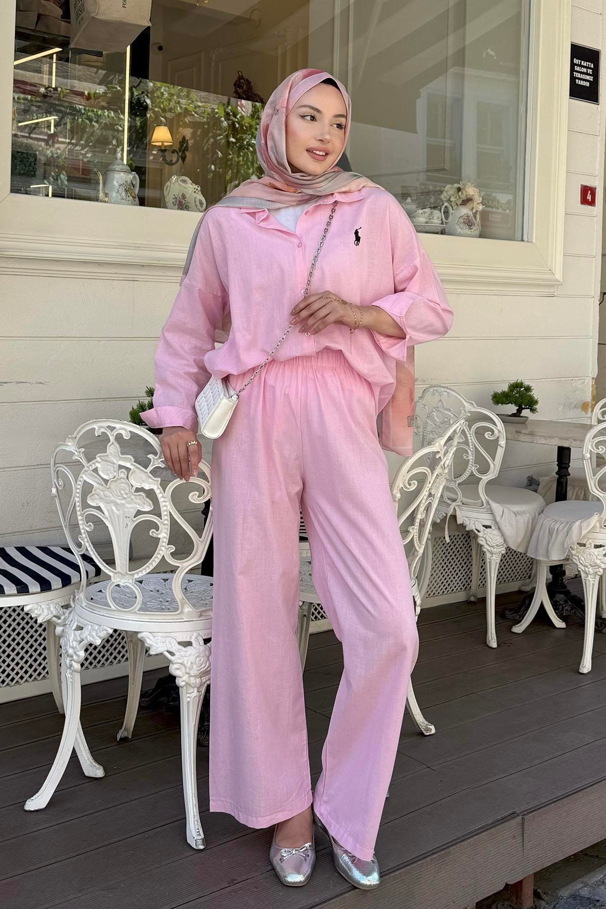 Keten Kumaş Pantolonlu Tesettür Takım-PEMBE
