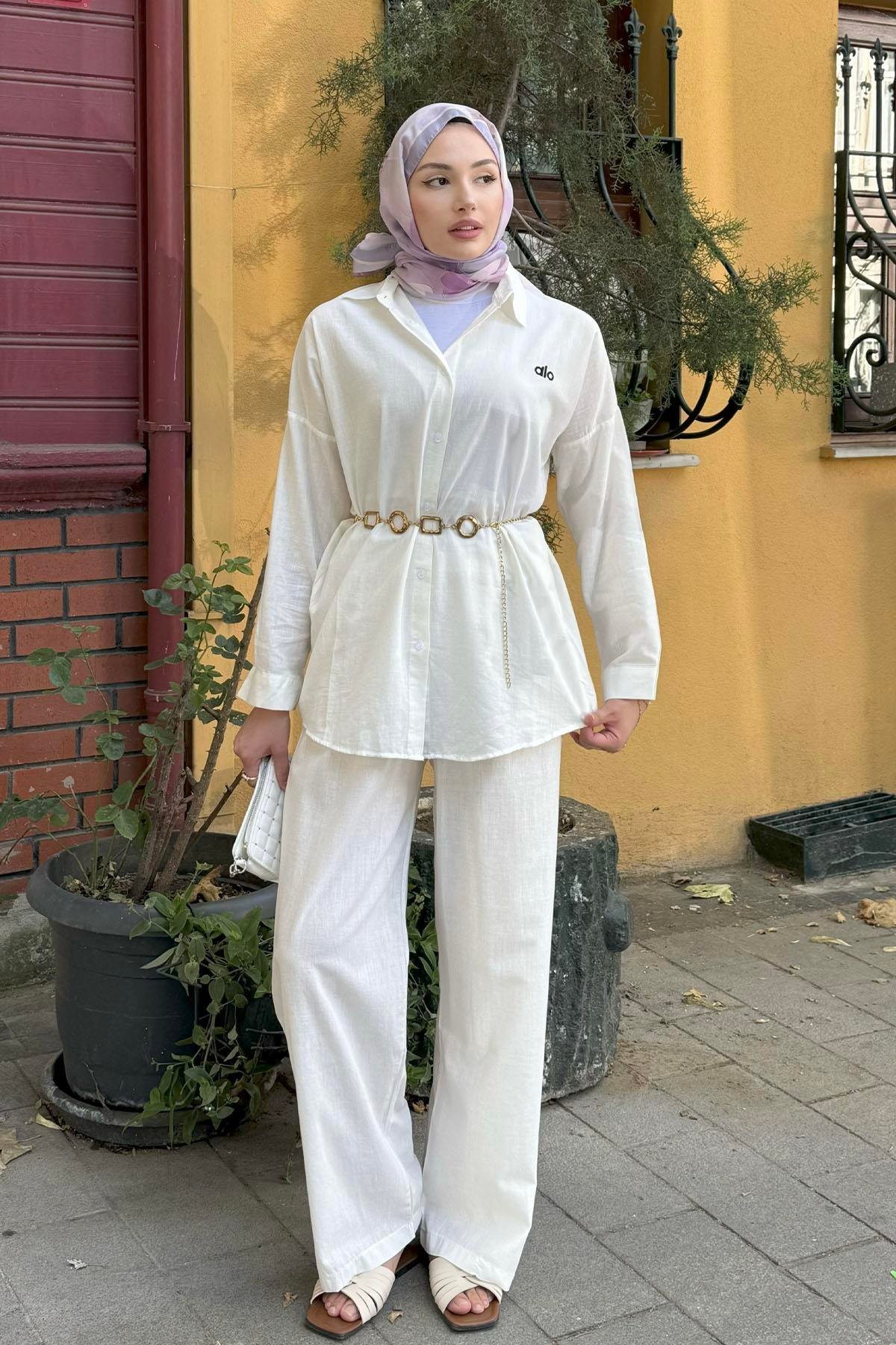 Keten Kumaş Pantolonlu Tesettür Takım-TAŞ