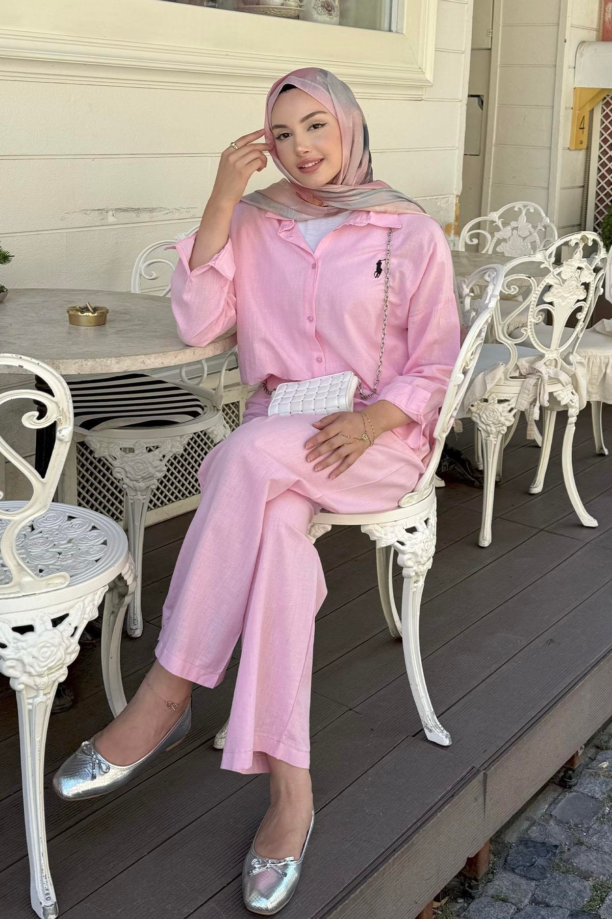 Keten Kumaş Pantolonlu Tesettür Takım-PEMBE