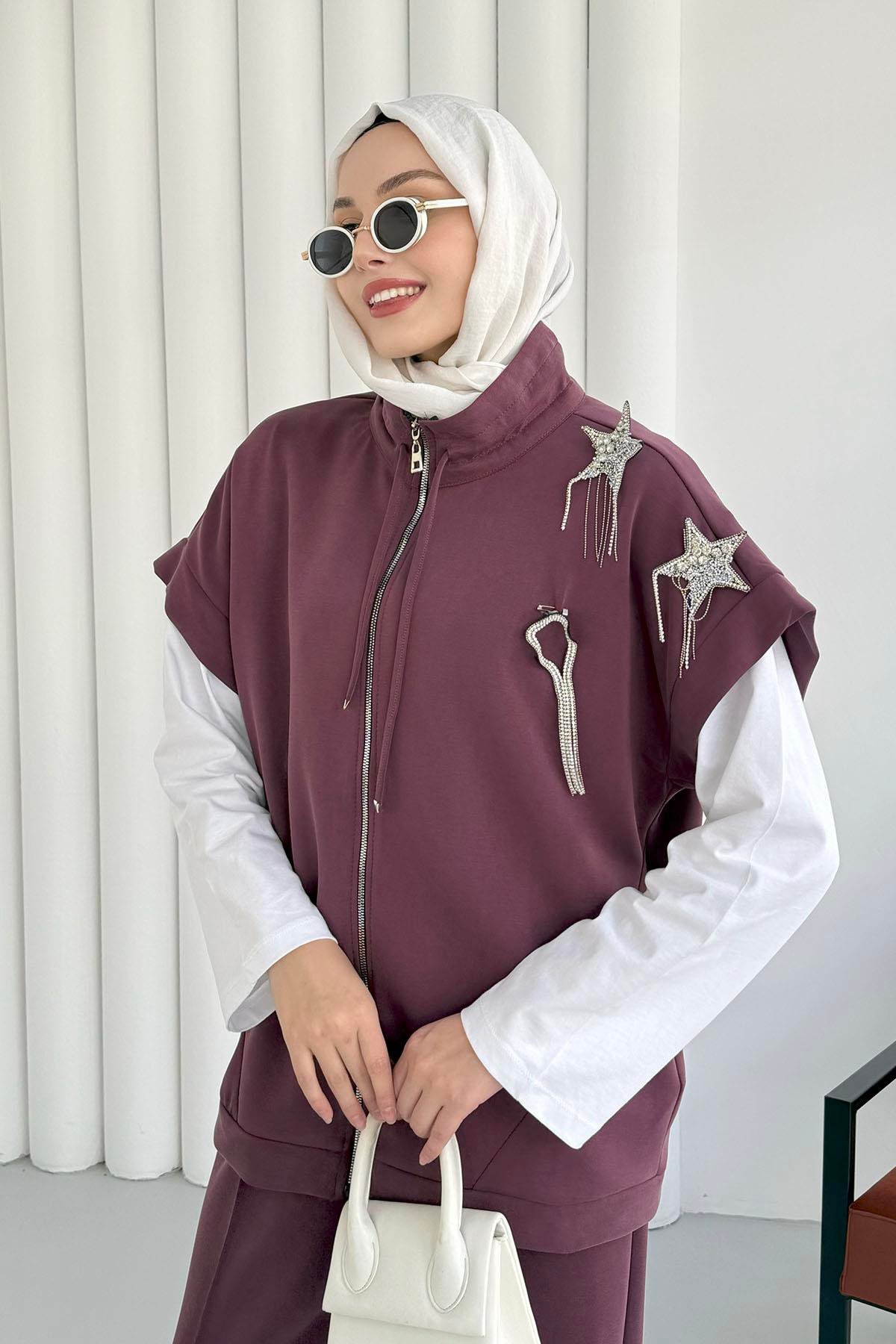 Kısa Kol Yıldız Aksesuarlı Bomber Yelek-BORDO