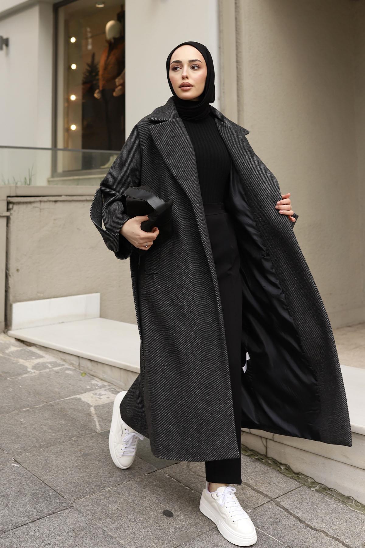 Kol Apoletli Uzun Kaşe Kaban-SİYAH