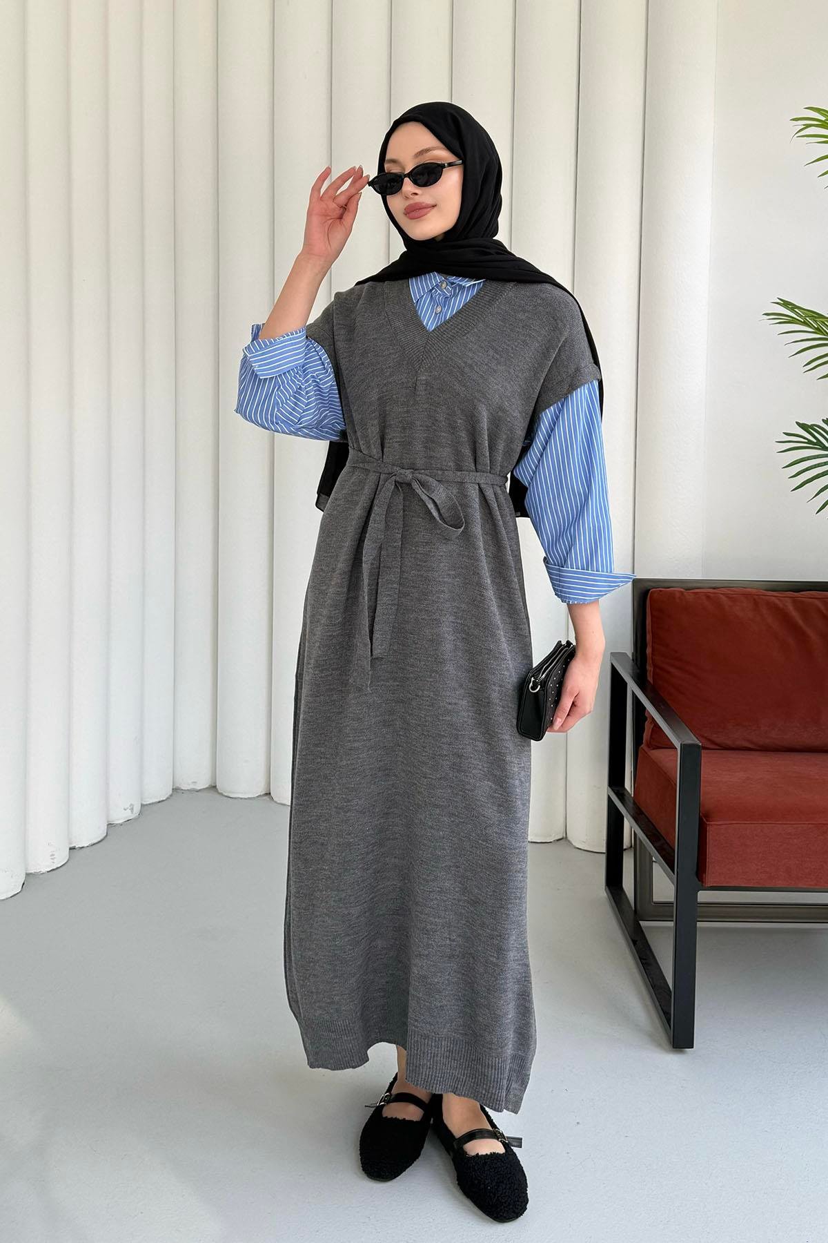 Kol Ve Yaka Gömlek Garnili Tesettür Elbise-GRİ