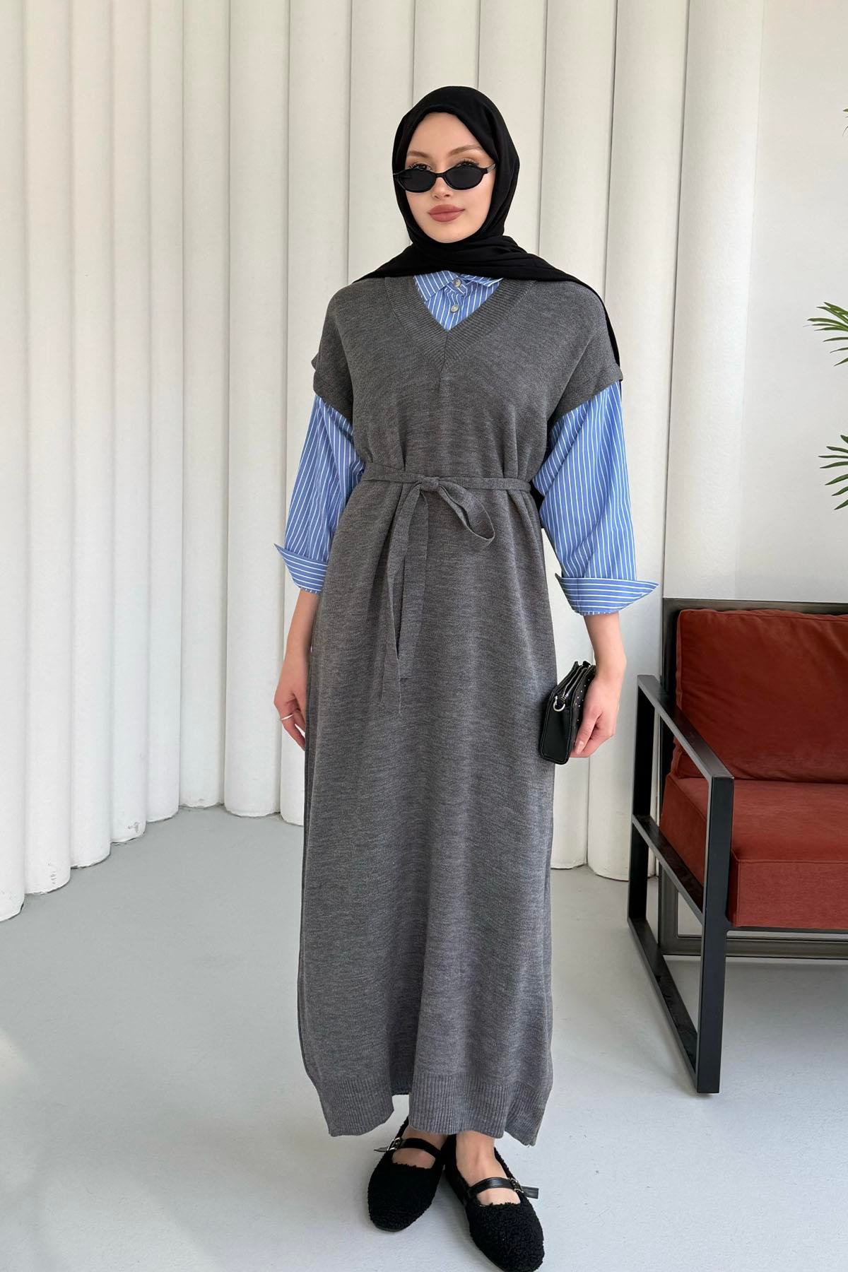Kol Ve Yaka Gömlek Garnili Tesettür Elbise-GRİ
