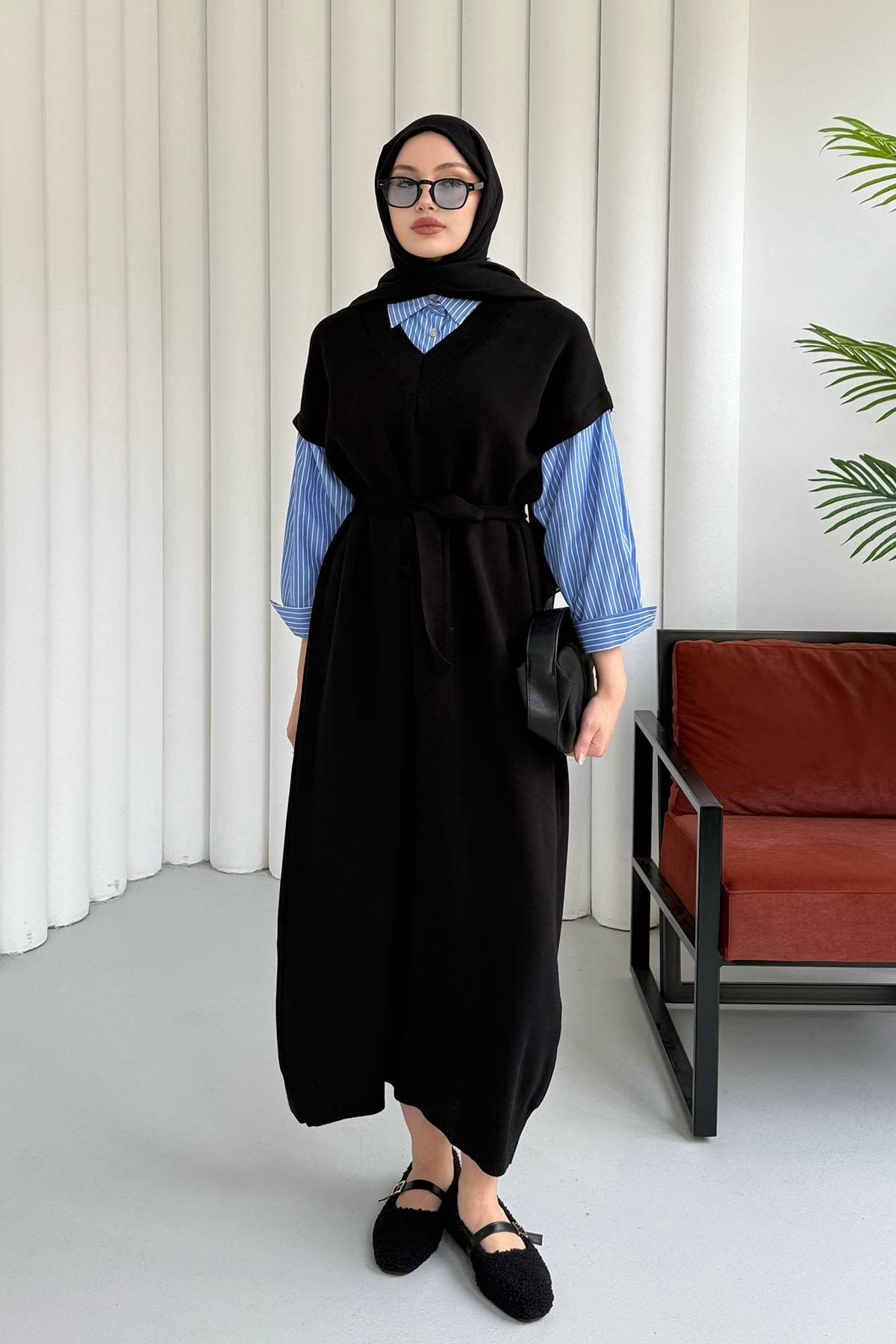 Kol Ve Yaka Gömlek Garnili Tesettür Elbise-SİYAH