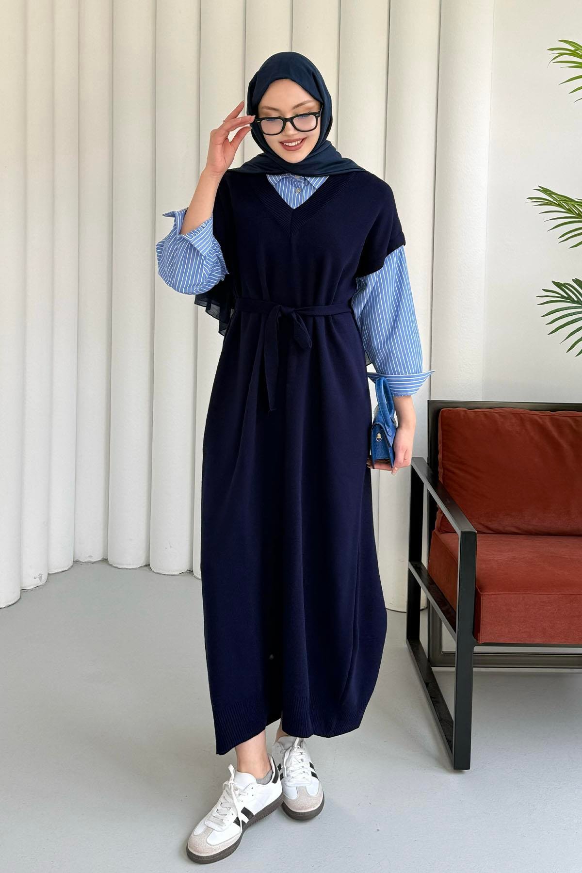 Kol Ve Yaka Gömlek Garnili Tesettür Elbise-LACİVERT
