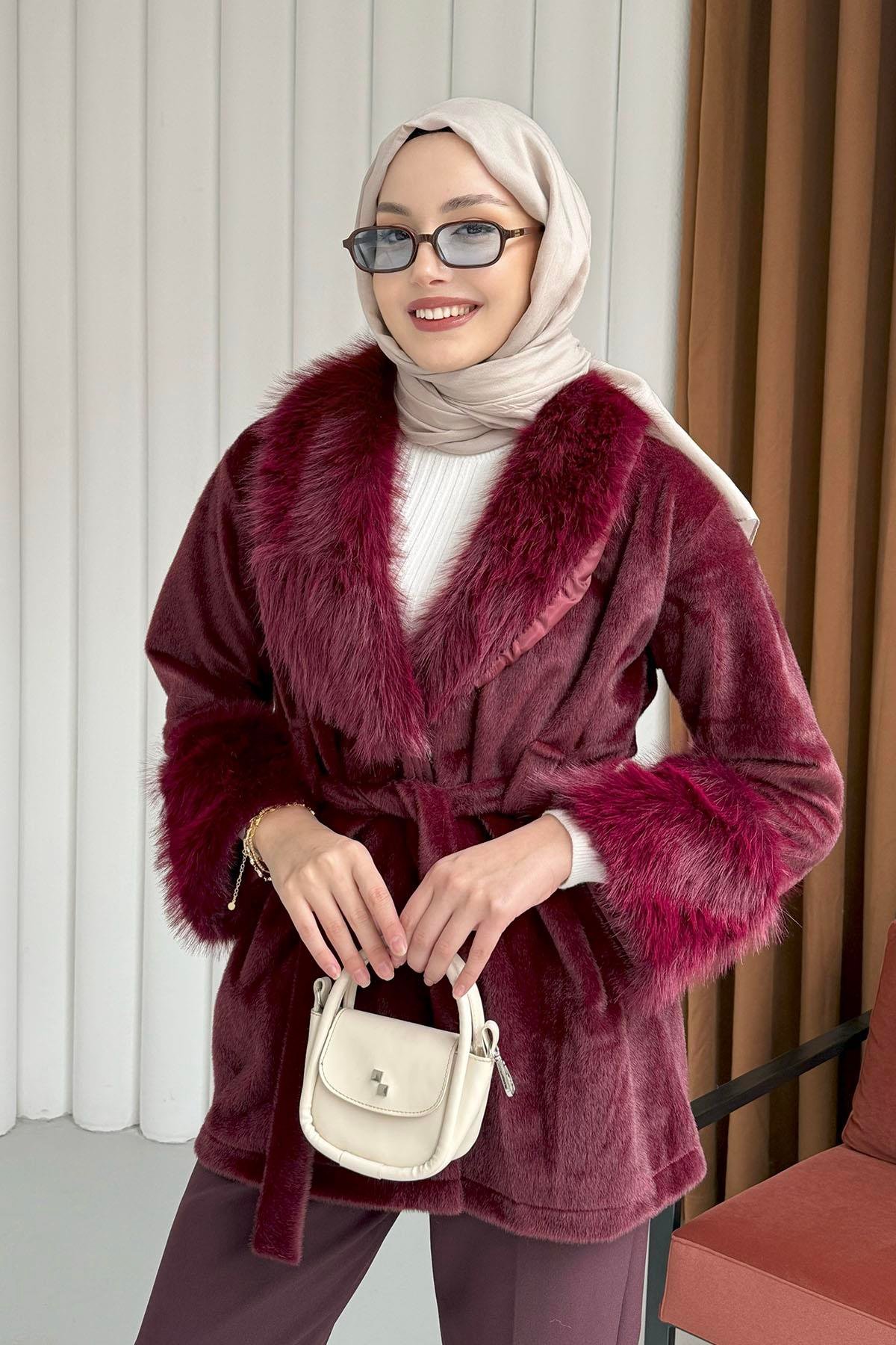 Kol Ve Yaka Kürk Detaylı Kaban-BORDO